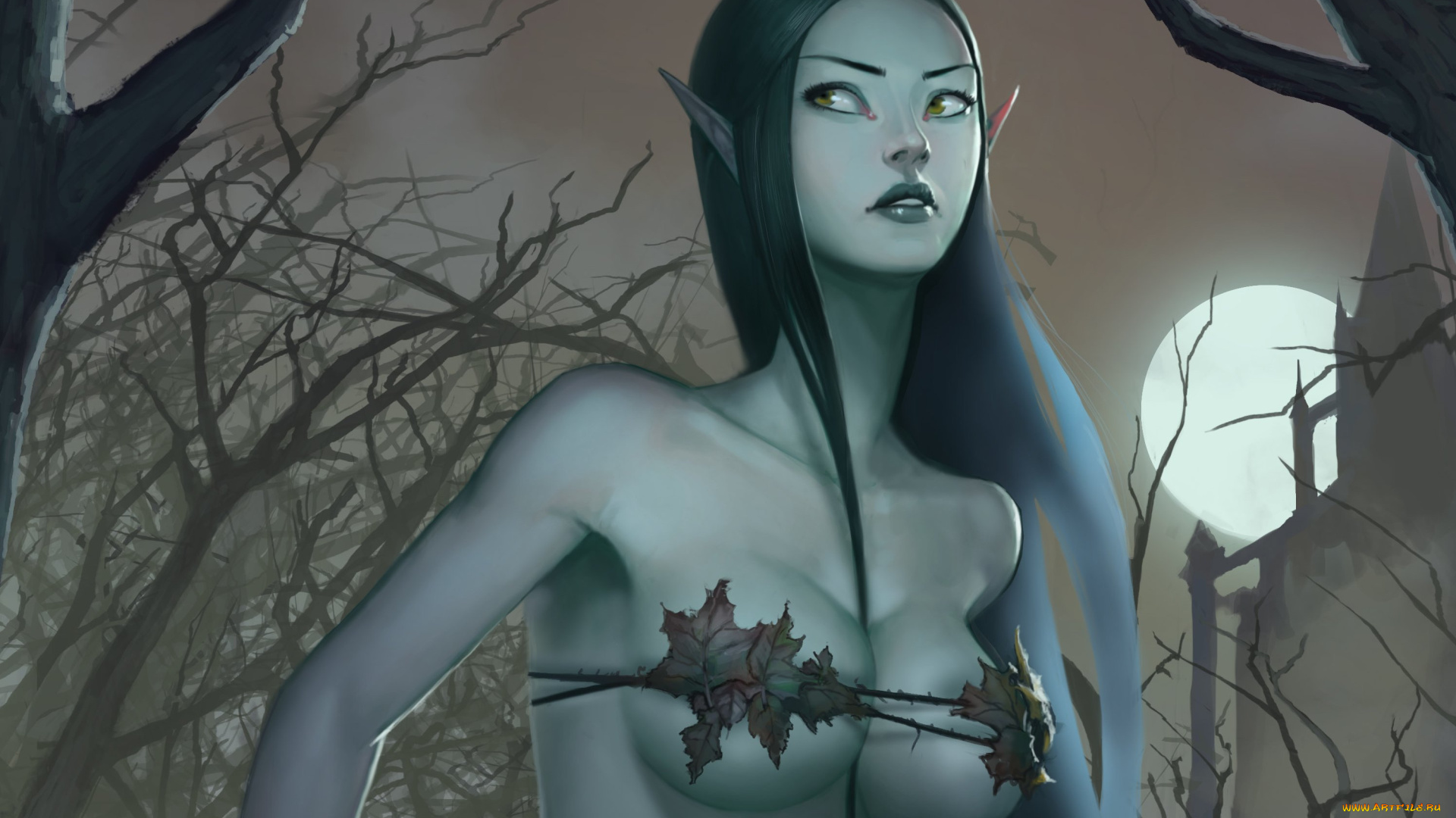 фэнтези, эльфы, грудь, волосы, взгляд, эльфийка, арт, эротика, луна, ночь