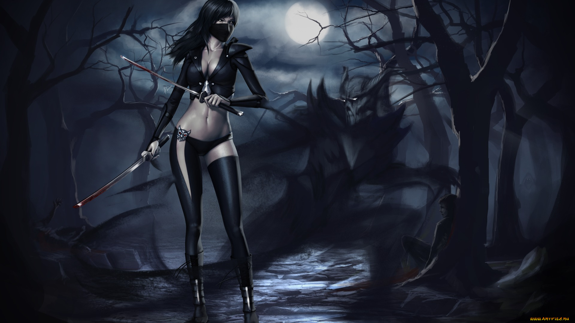 фэнтези, красавицы, и, чудовища, девушка, тьма, деревья, лес, луна, охотник, ночь, на, демонов, мечи, лезвия