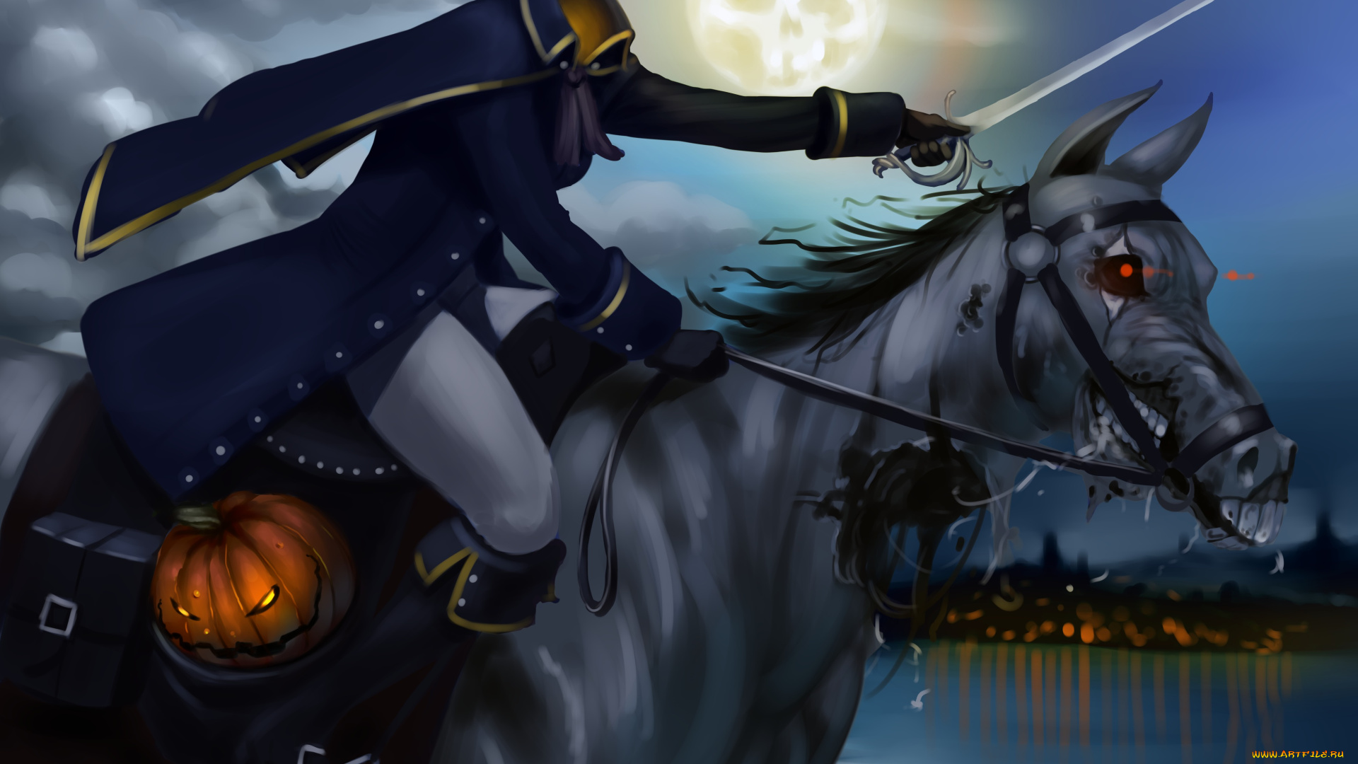 фэнтези, нежить, луна, лошадь, головы, без, всадник, ночь, хэллоуин, тыква, мертвец