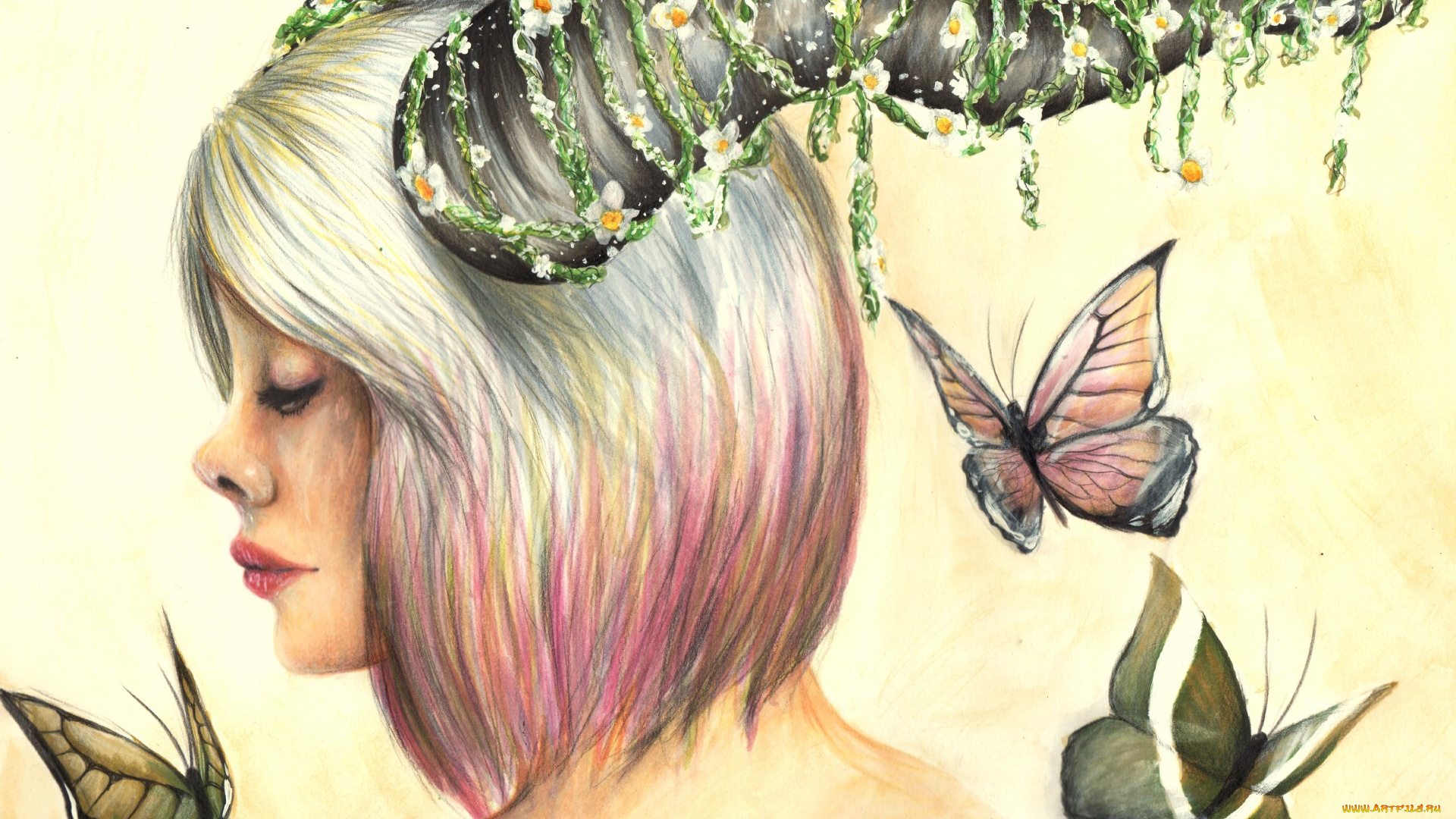 фэнтези, существа, цветы, art, бабочка, девушка, рога