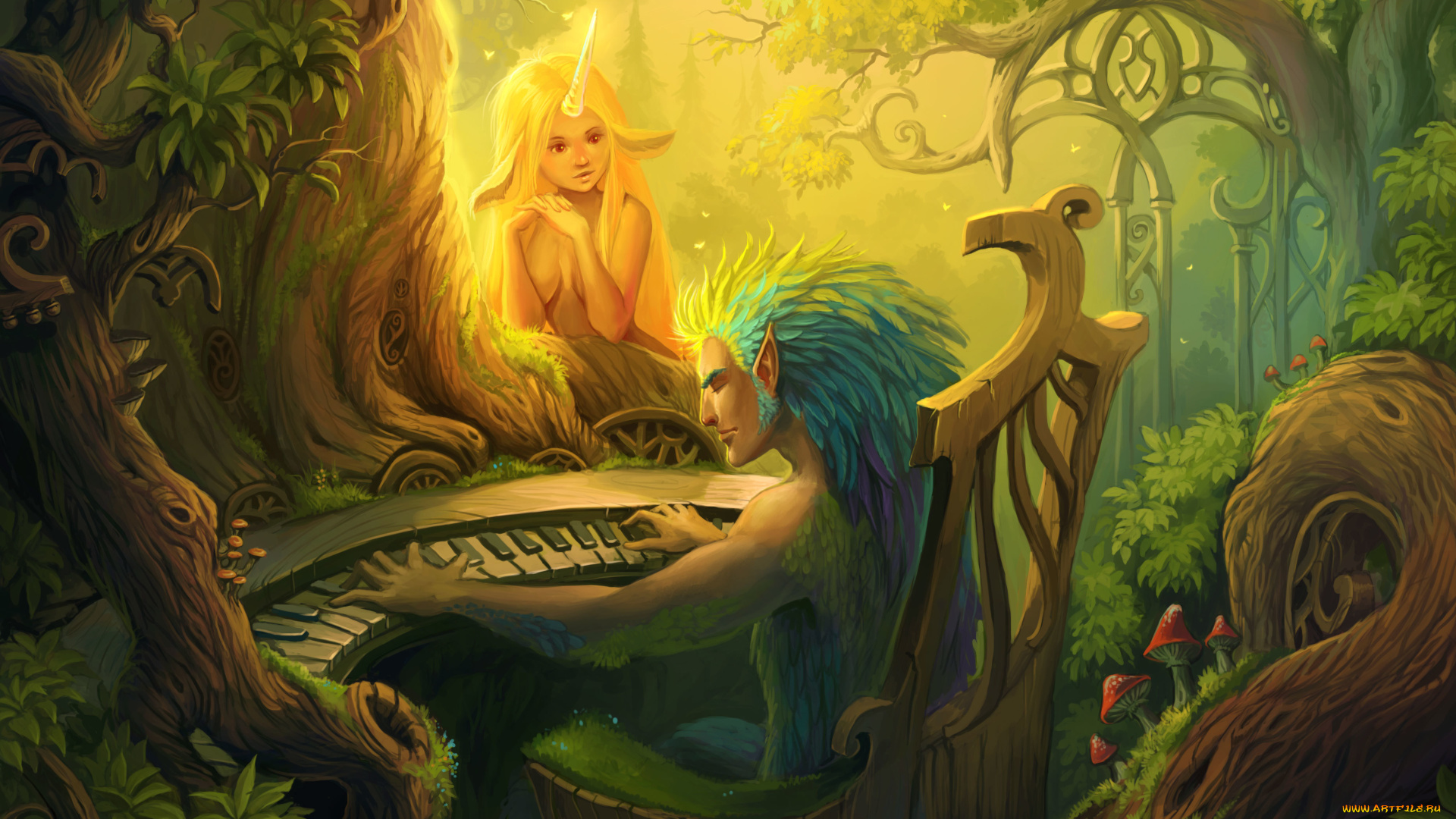 фэнтези, существа, девушка, лесные, арт, лес, пианино, музыка, взгляд, рог