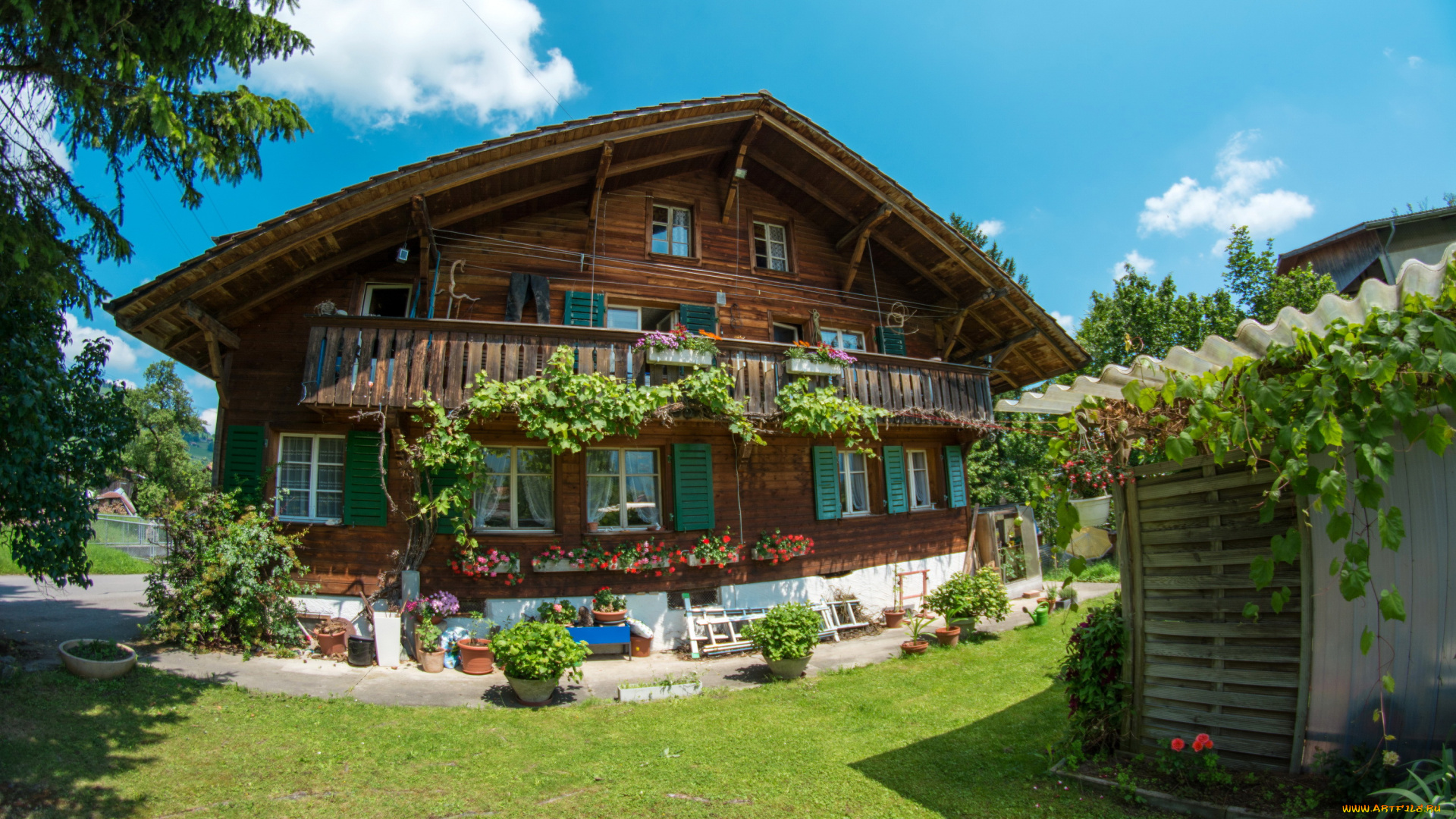 ваттенвиль, швейцария, города, -, здания, , дома, цветы, дом, швейцария, ваттенвиль, трава