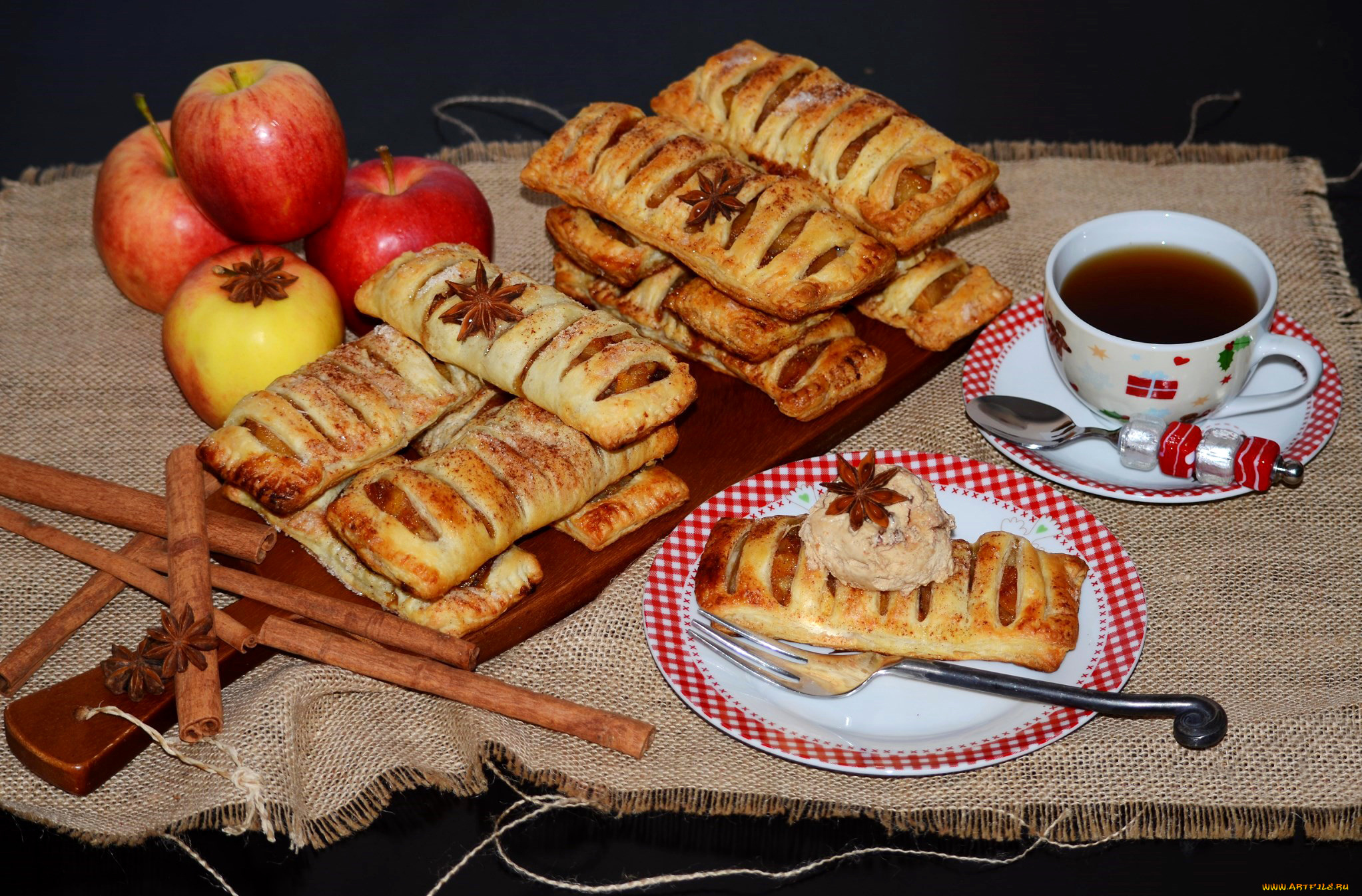 еда, натюрморт, выпечка, чай, яблоки