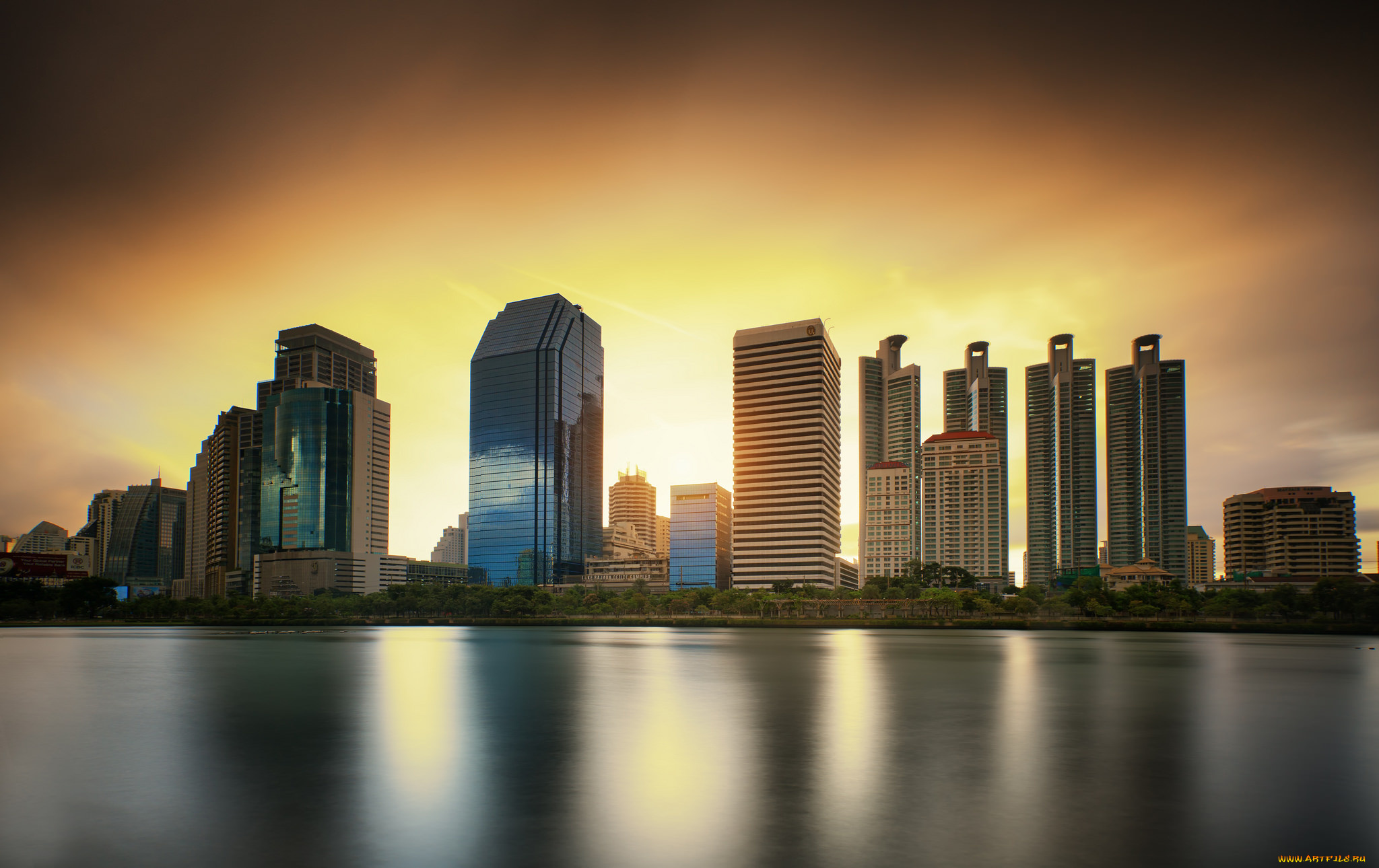 bangkok, city, downtown, at, sunrise, with, strom, города, бангкок, , таиланд, заря, небоскребы, океан