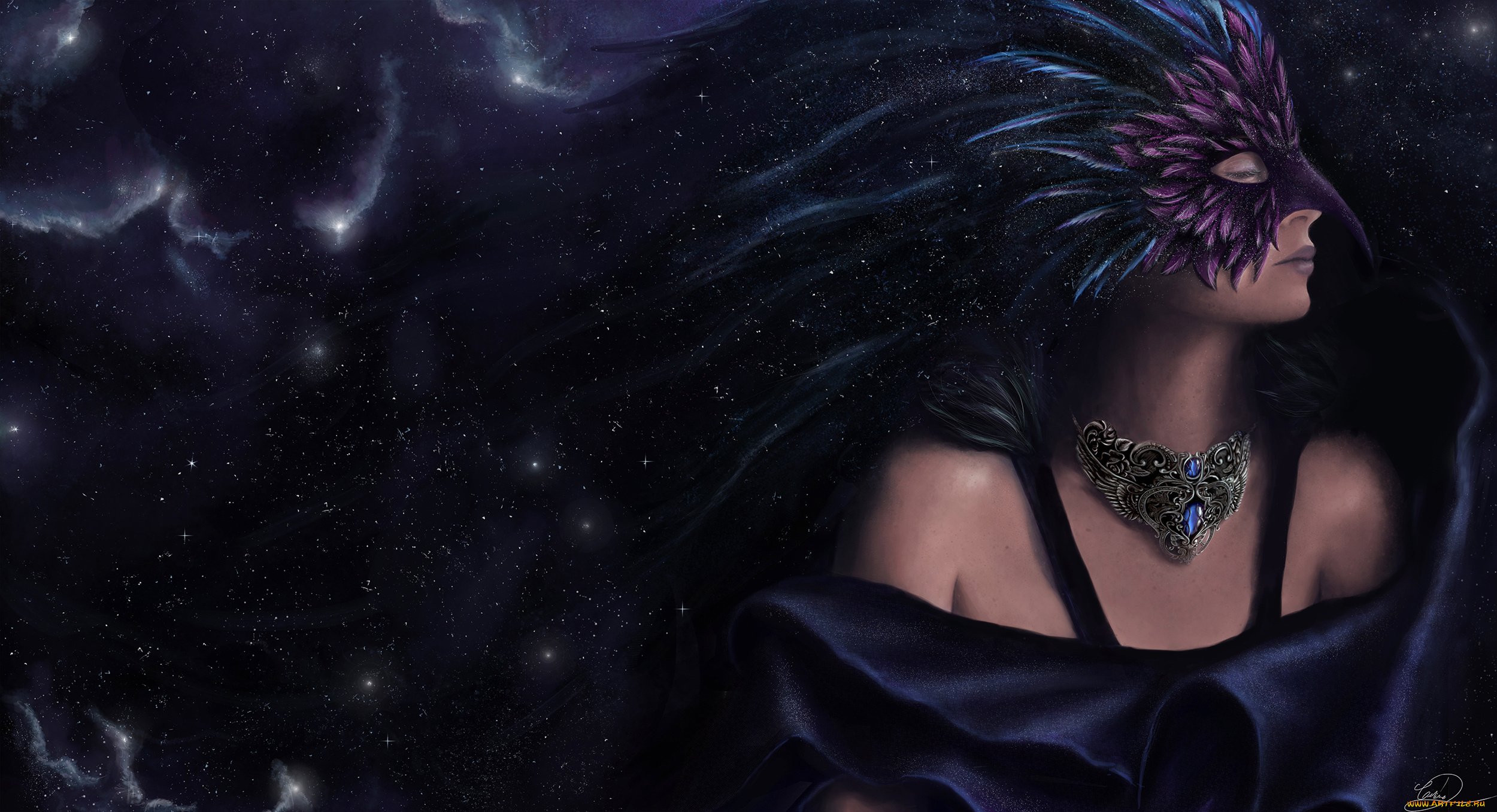 фэнтези, девушки, космос, профиль, девушка, маска, перья, закрытые, глаза, звезды