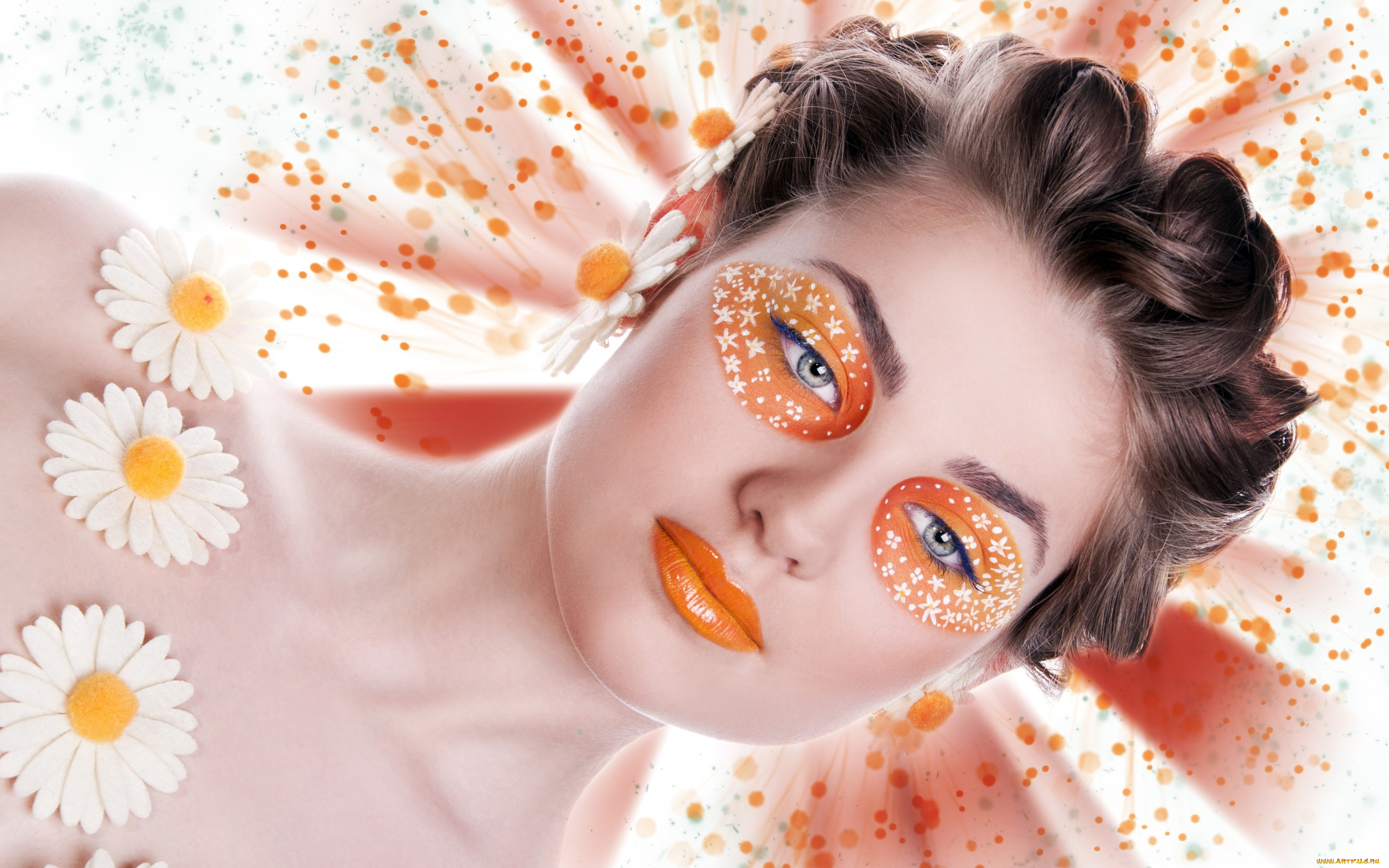 девушки, -unsort, , креатив, стиль, девушка, взгляд, губы, волосы, ромашки, цветочки
