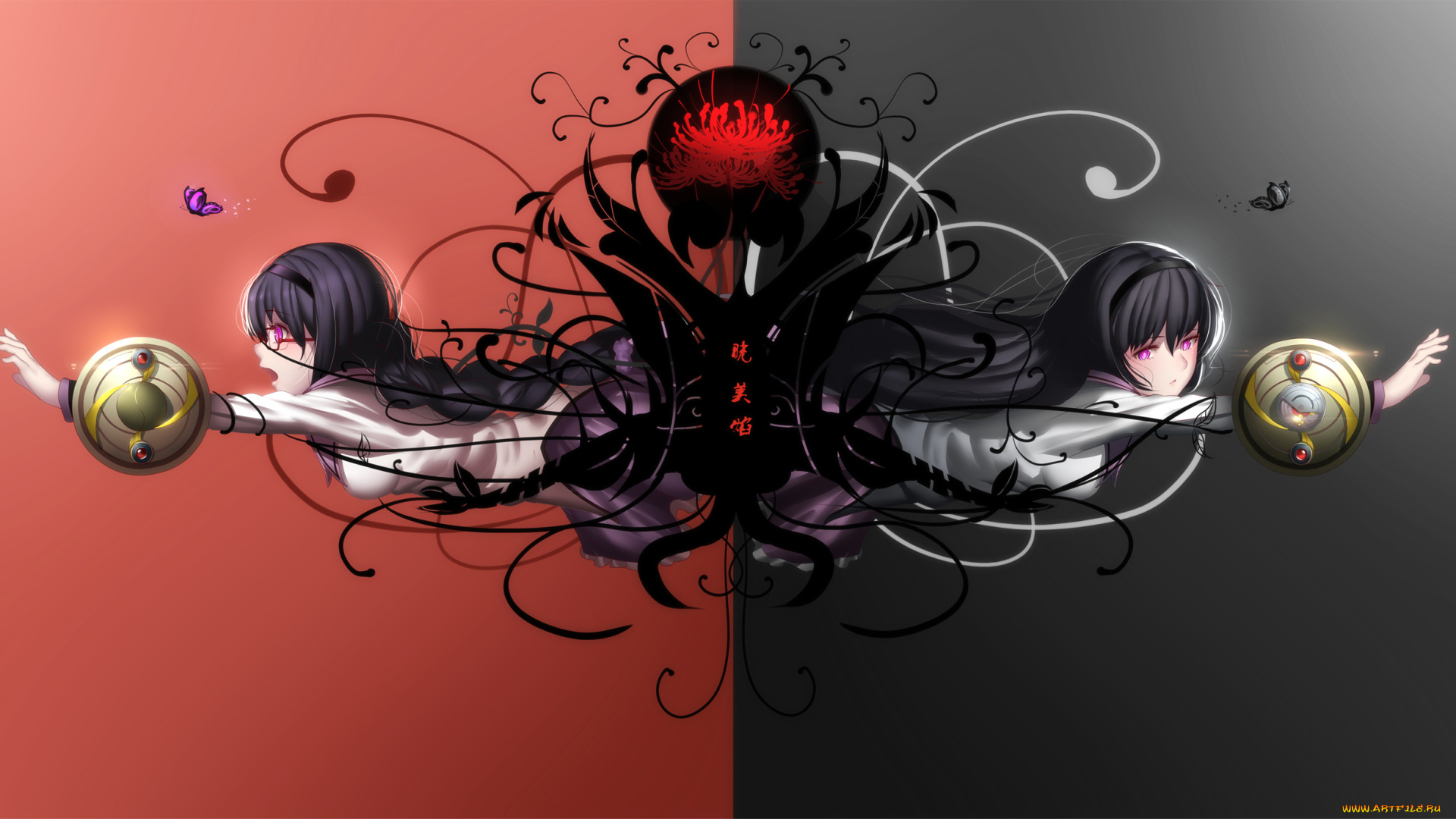 аниме, mahou, shoujo, madoka, magika, взгляд, девушки, akemi, homura, hk, mahou, shoujo, madoka, magica, фон