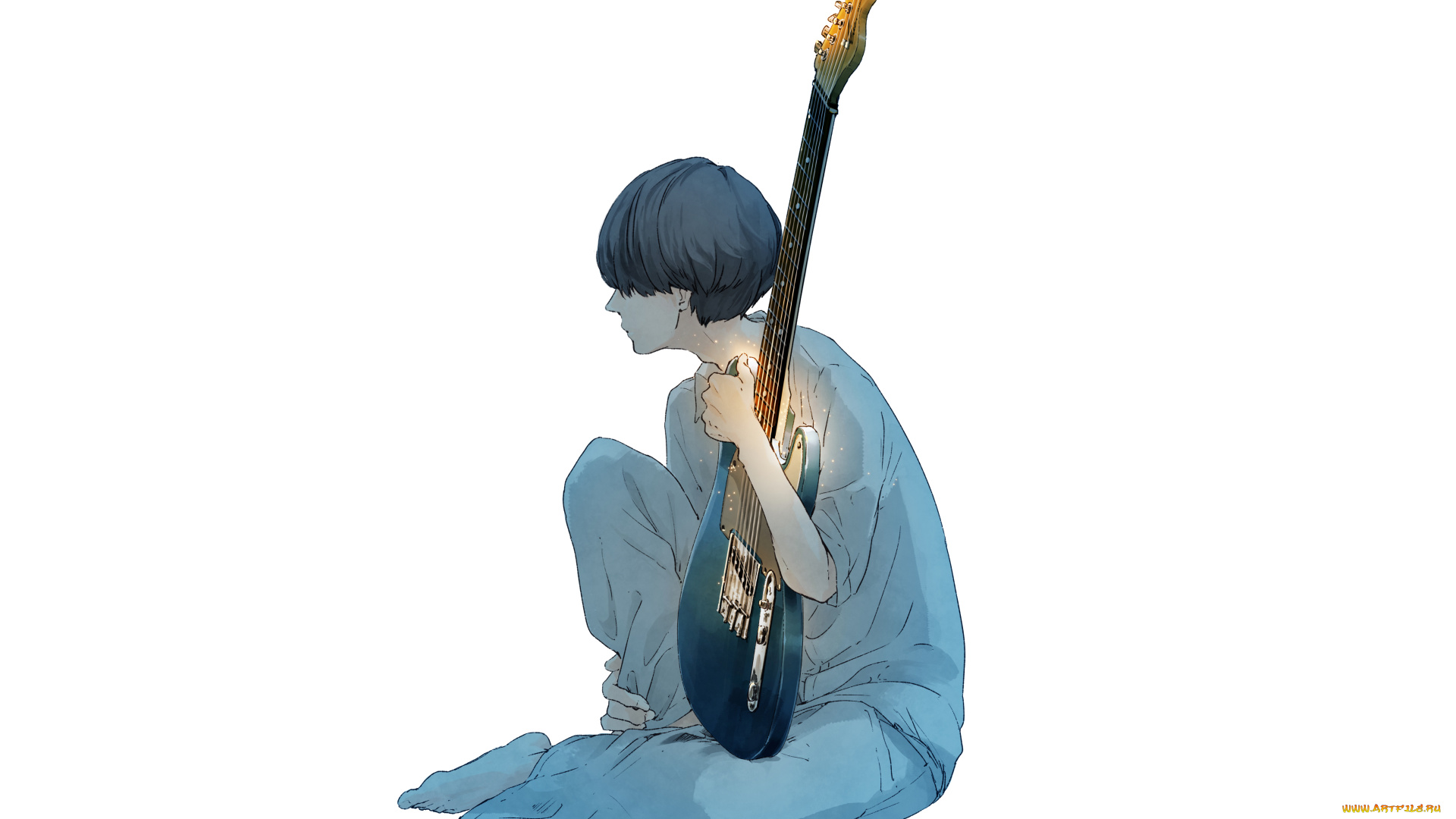 аниме, музыка, сидит, гитара, свет, парень