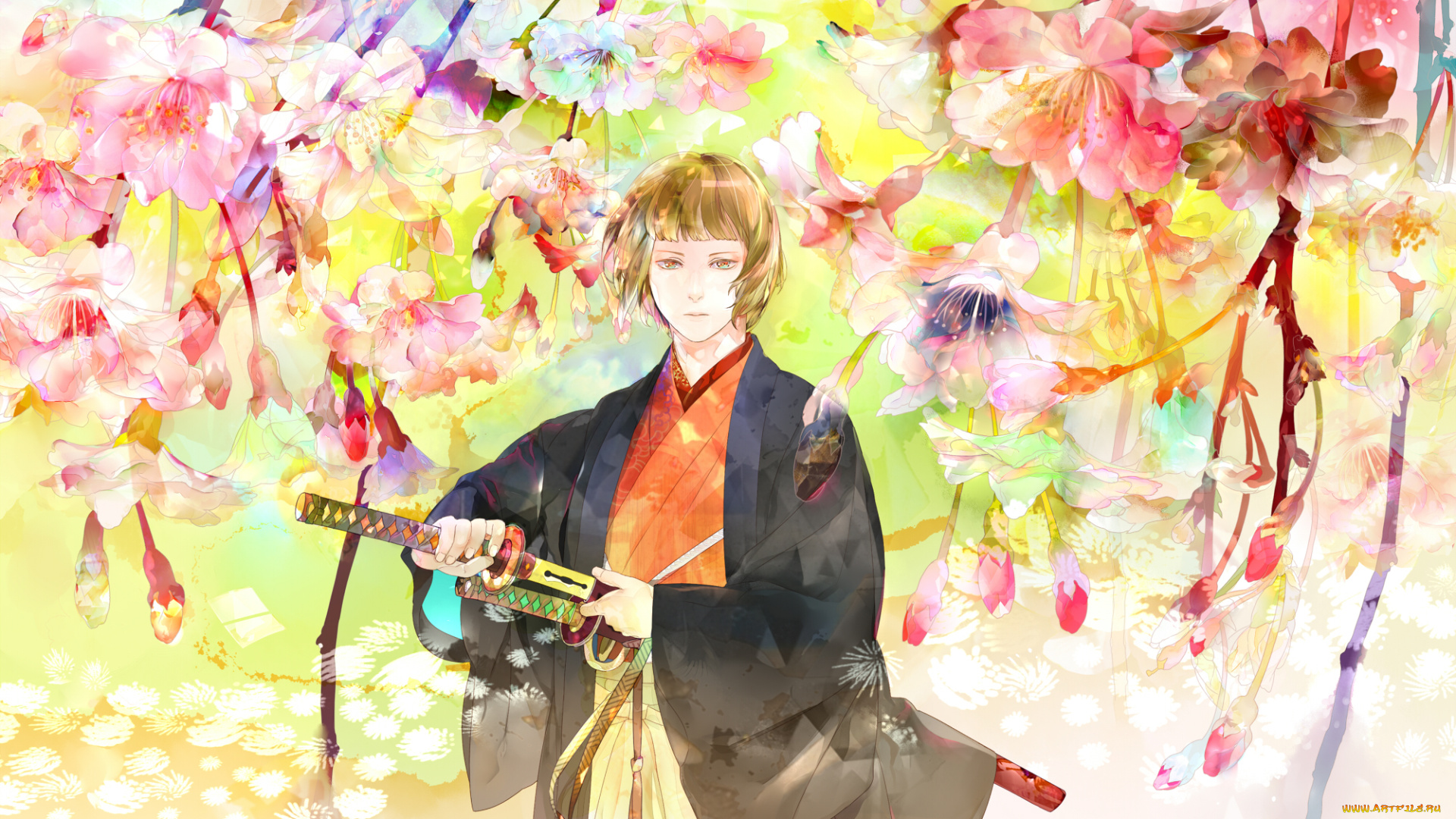 аниме, оружие, , техника, , технологии, цветы, катаны, art, saiga, tokihito, парень, взгляд