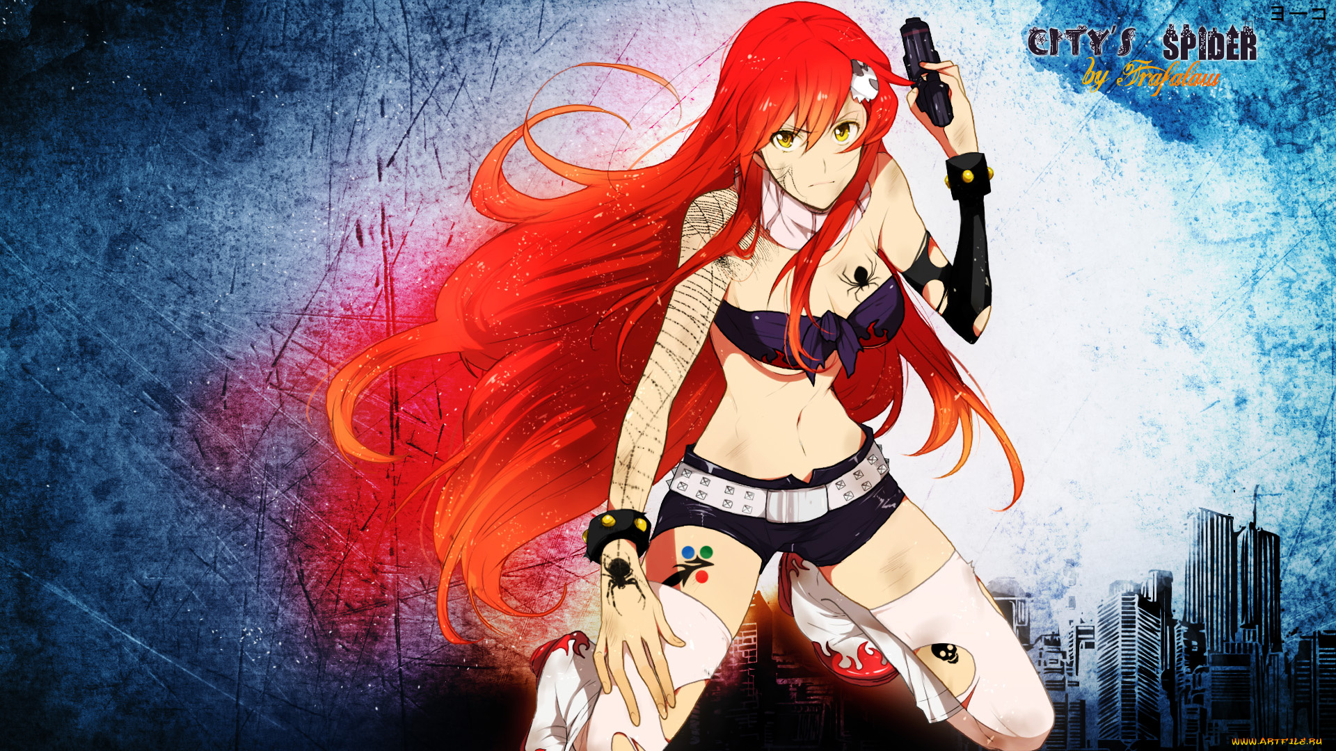 аниме, tengen, toppa, gurren-lagann, девушка, yoko, littner, город, паук, заколка, оружие, браслет, череп, татуировка, пистолет