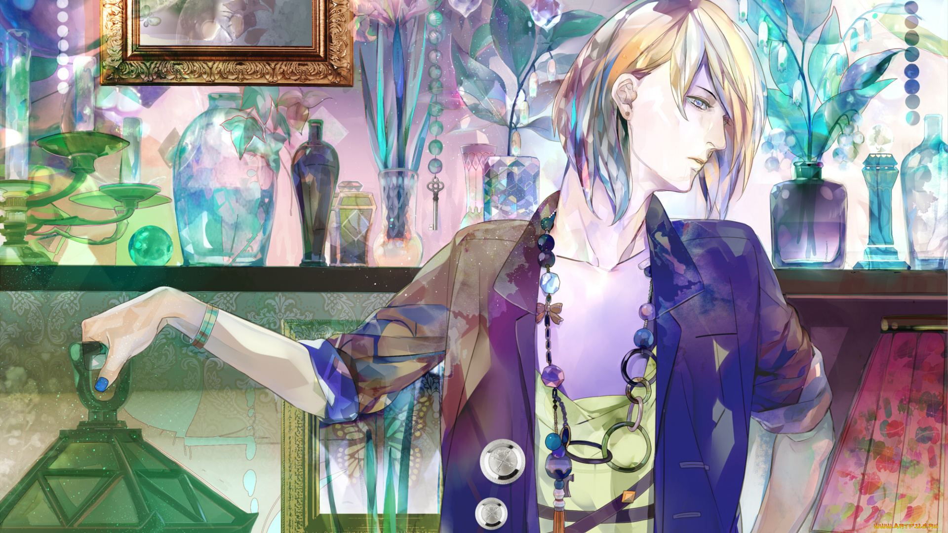 аниме, unknown, , другое, цветы, ваза, парень, saiga, tokihito, фонарь