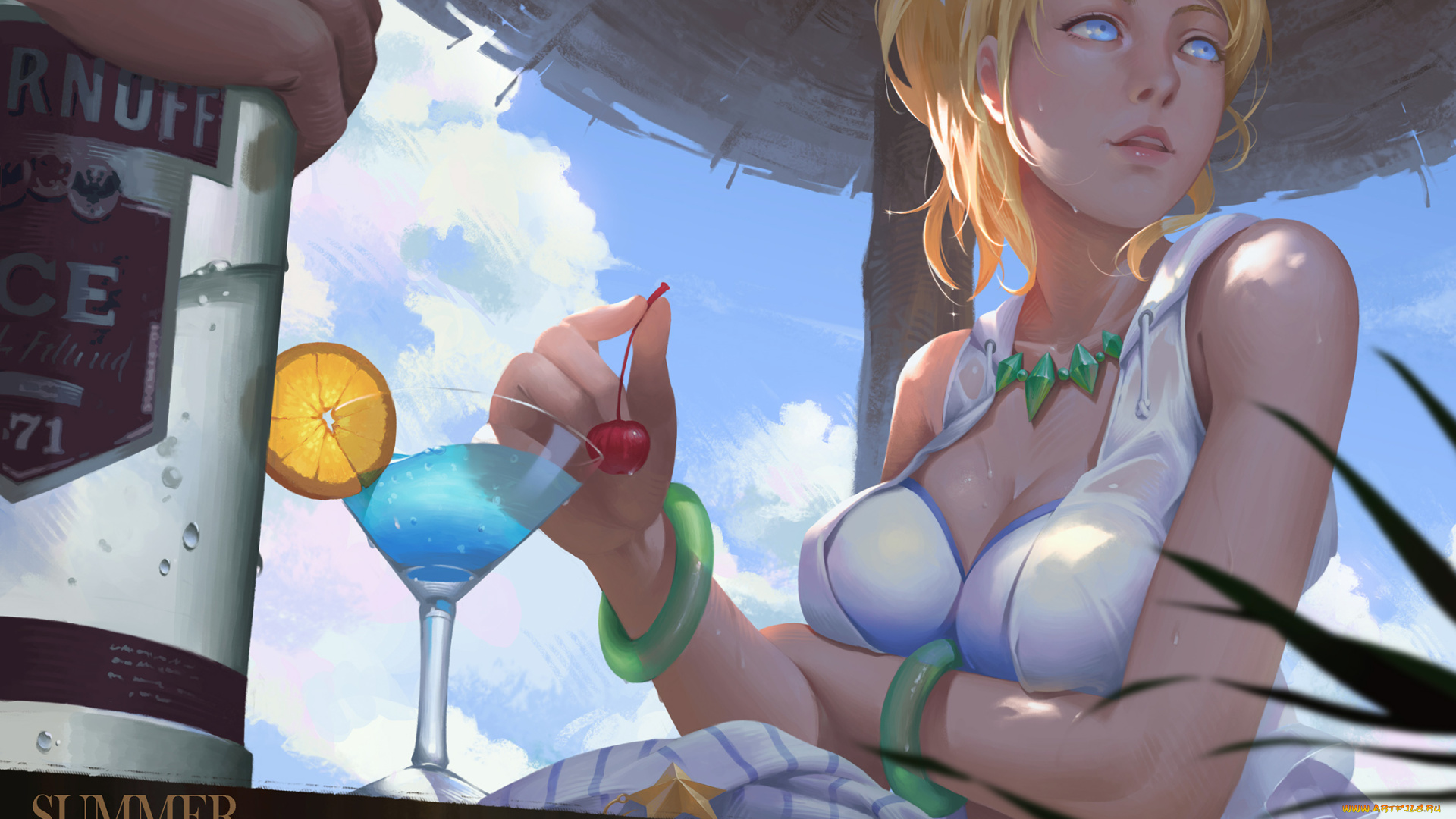 аниме, unknown, , другое, девушка, взгляд, фон, вишня, коктейль, рука, лимон, облака, небо, зонт, бутылка