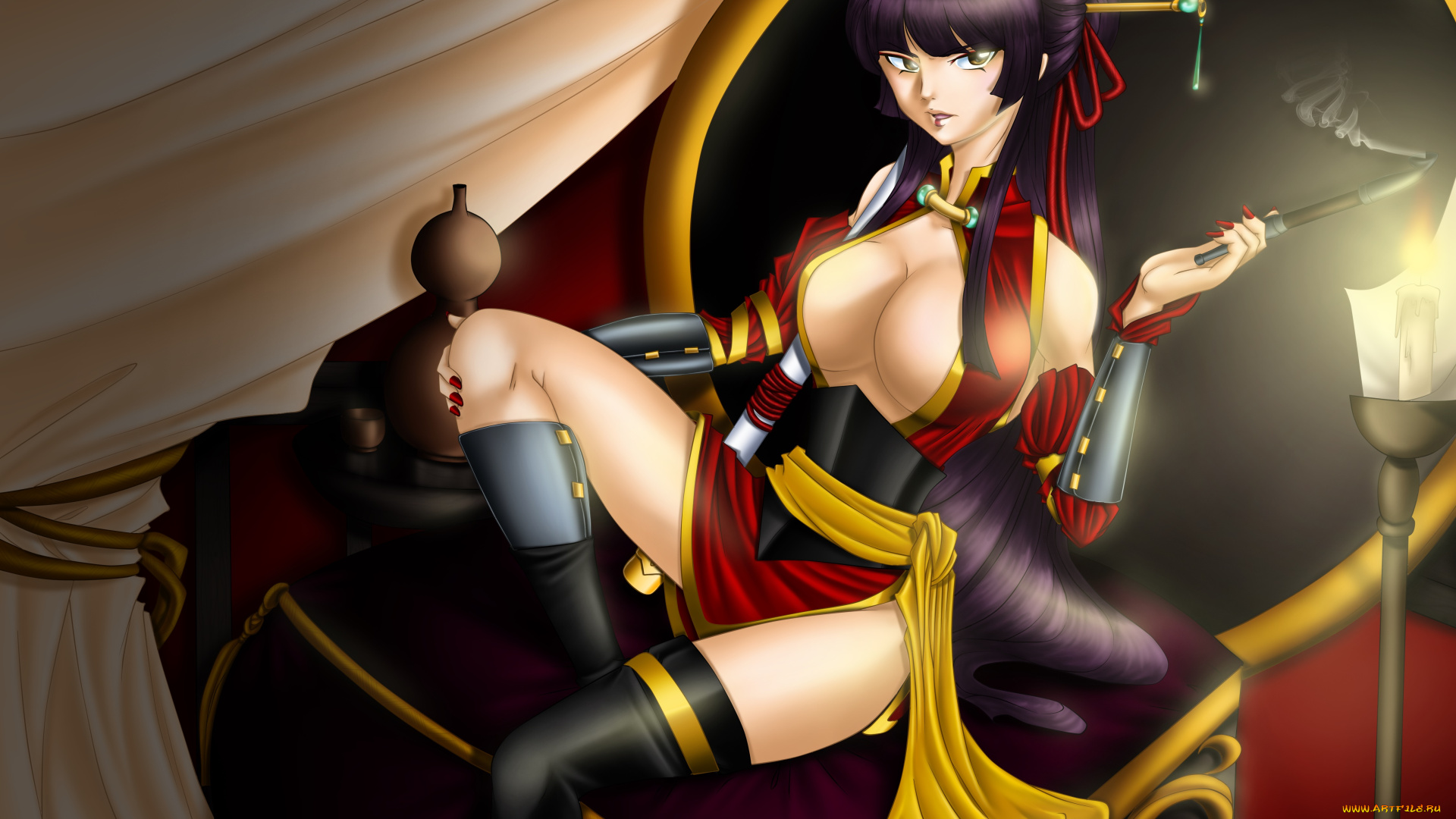 аниме, unknown, , другое, фон, сигарета, девушка, взгляд