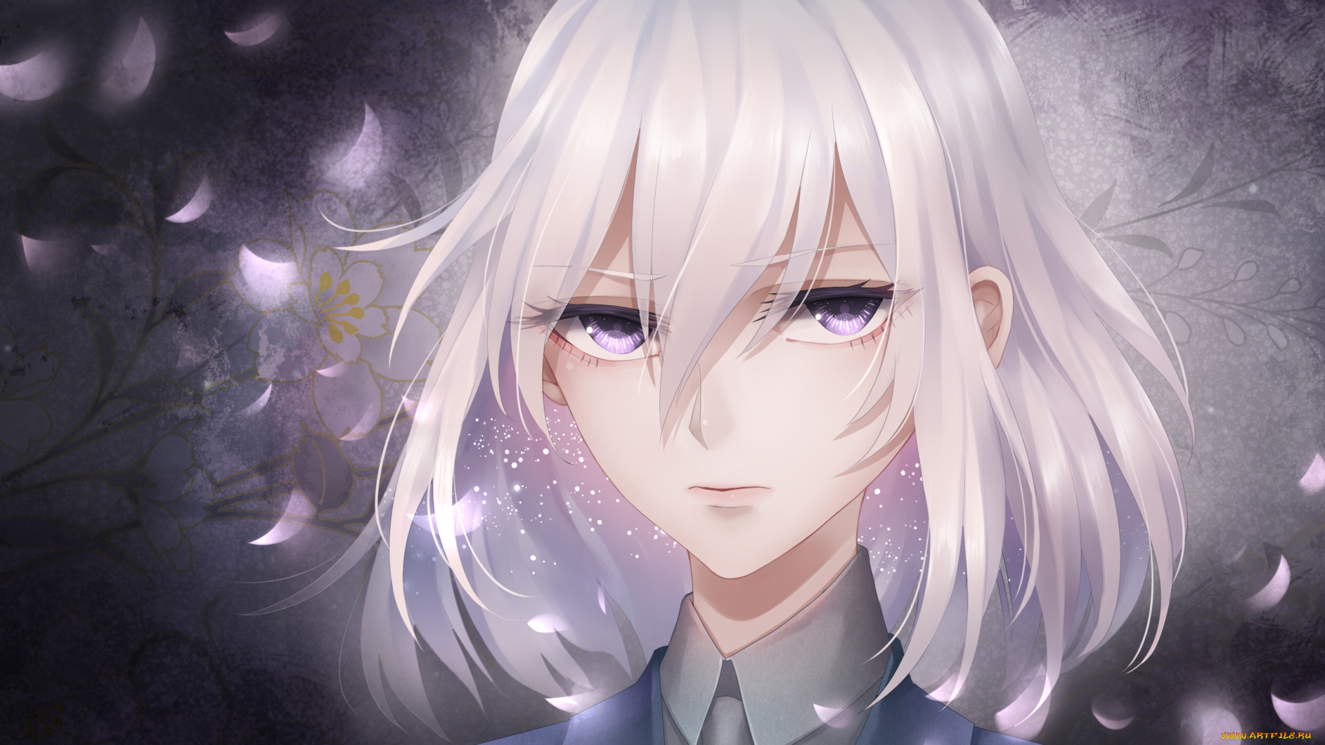 аниме, unknown, , другое, крупный, план, лепестки, цветы, портрет, сиреневые, глаза, светлые, волосы, парень