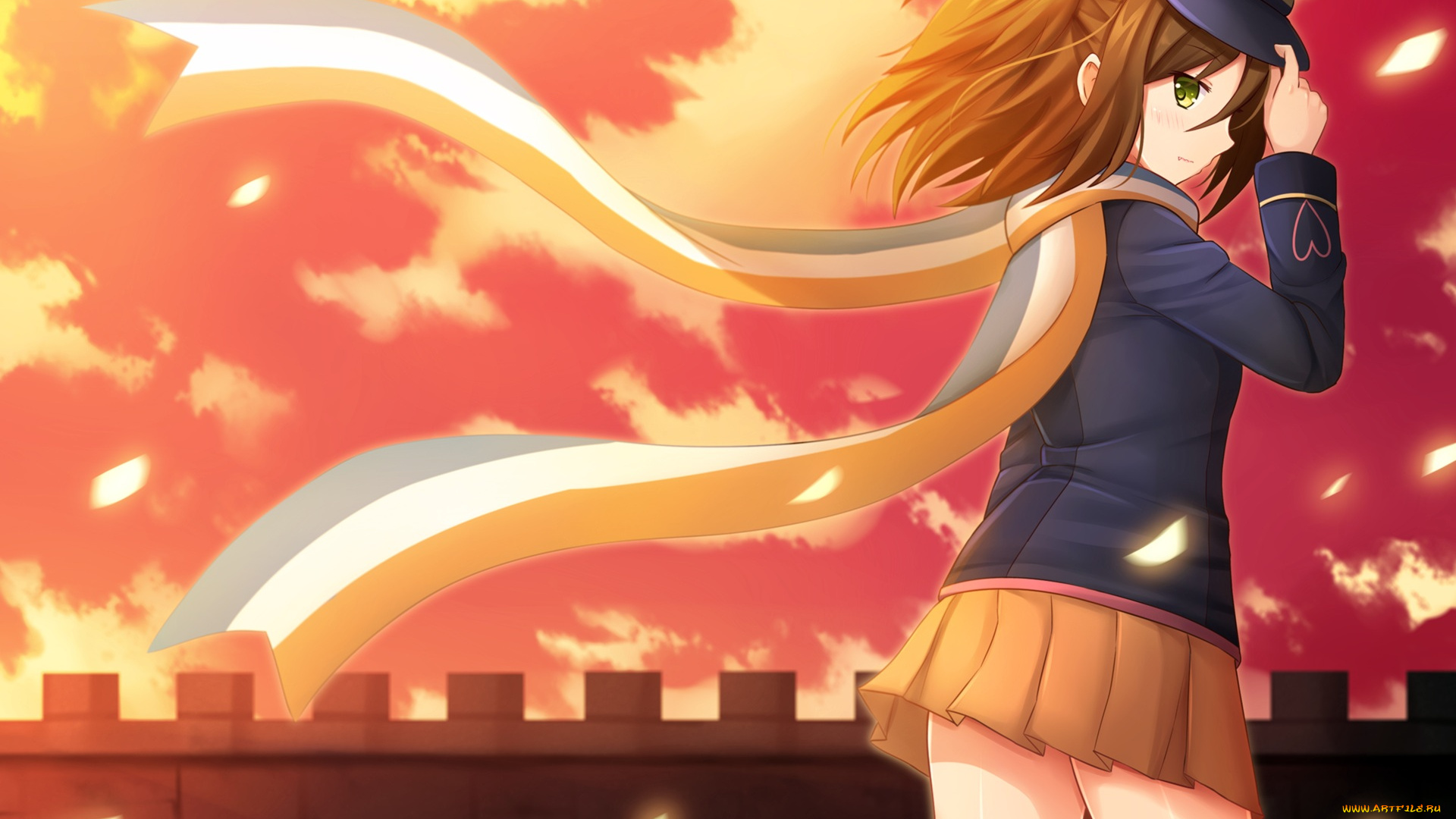 аниме, unknown, , другое, шарф, фон, взгляд, девушка, кепка