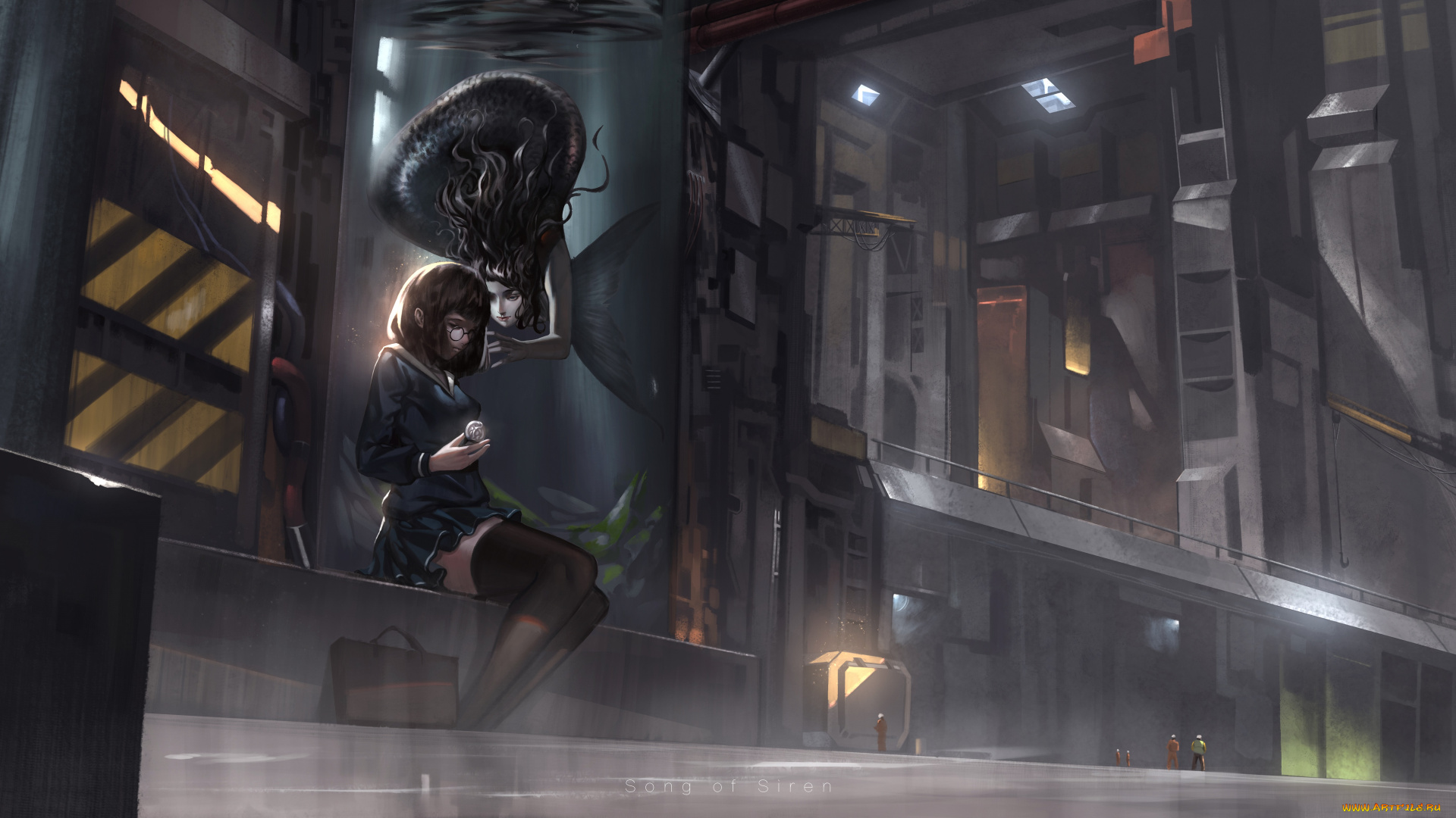 аниме, животные, , существа, арт, русалка, лаборатория, baka, mh6516620, аквариум, девушка