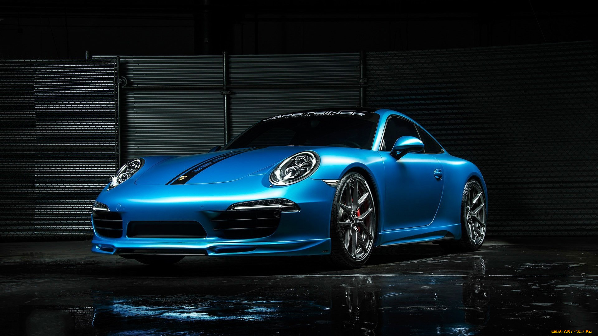 автомобили, porsche, синий, лужи, 911, забор, ночь