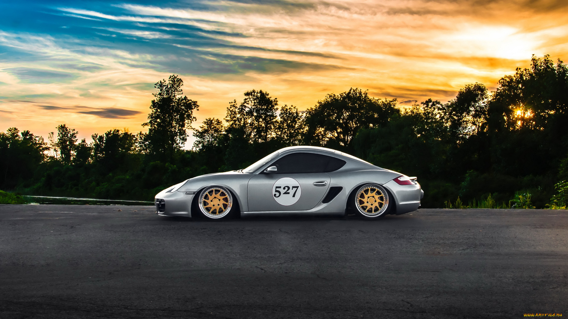 автомобили, porsche, закат, car, cayman, stance