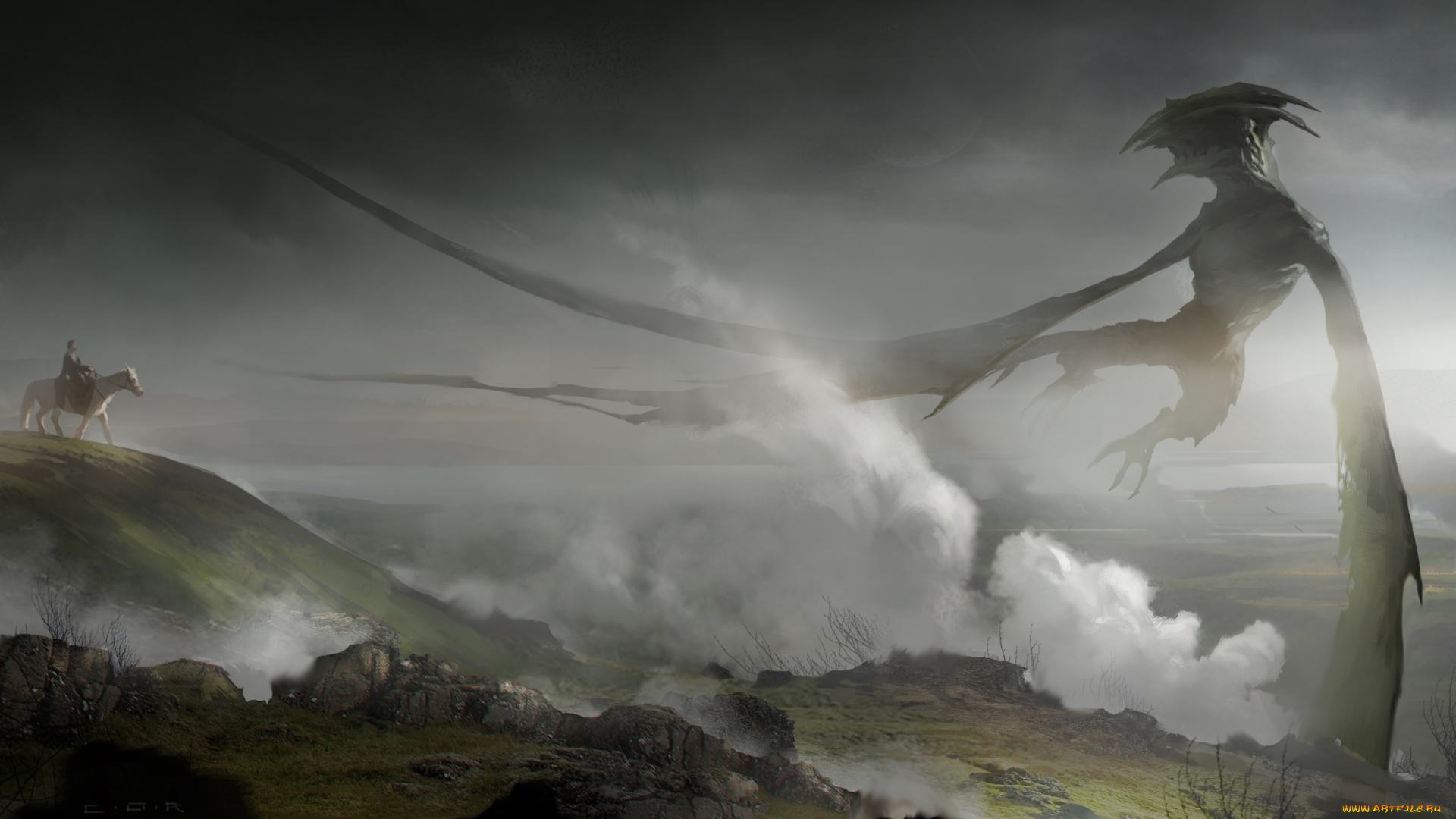 фэнтези, драконы, рисунок, арт, монстр, monster, fantasy, гарпия, harpy, art, горы, mountains, облако, cloud, horseman, всадник, fog, mist, туман, дым, smoke, чудовище, by, lukaszsienkiewicz