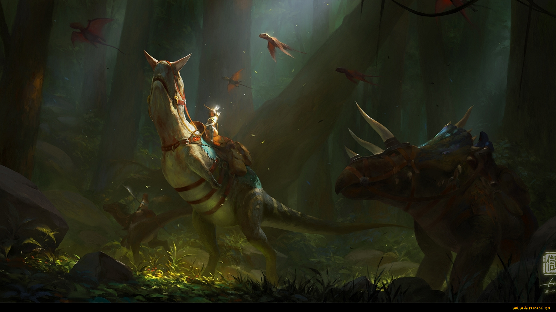 фэнтези, существа, арт, rider, art, динозавр, dinosaur, солнечный, луч, sunbeam, лес, forest, мгла, haze, by, 6kart, всадник, fantasy, рисунок