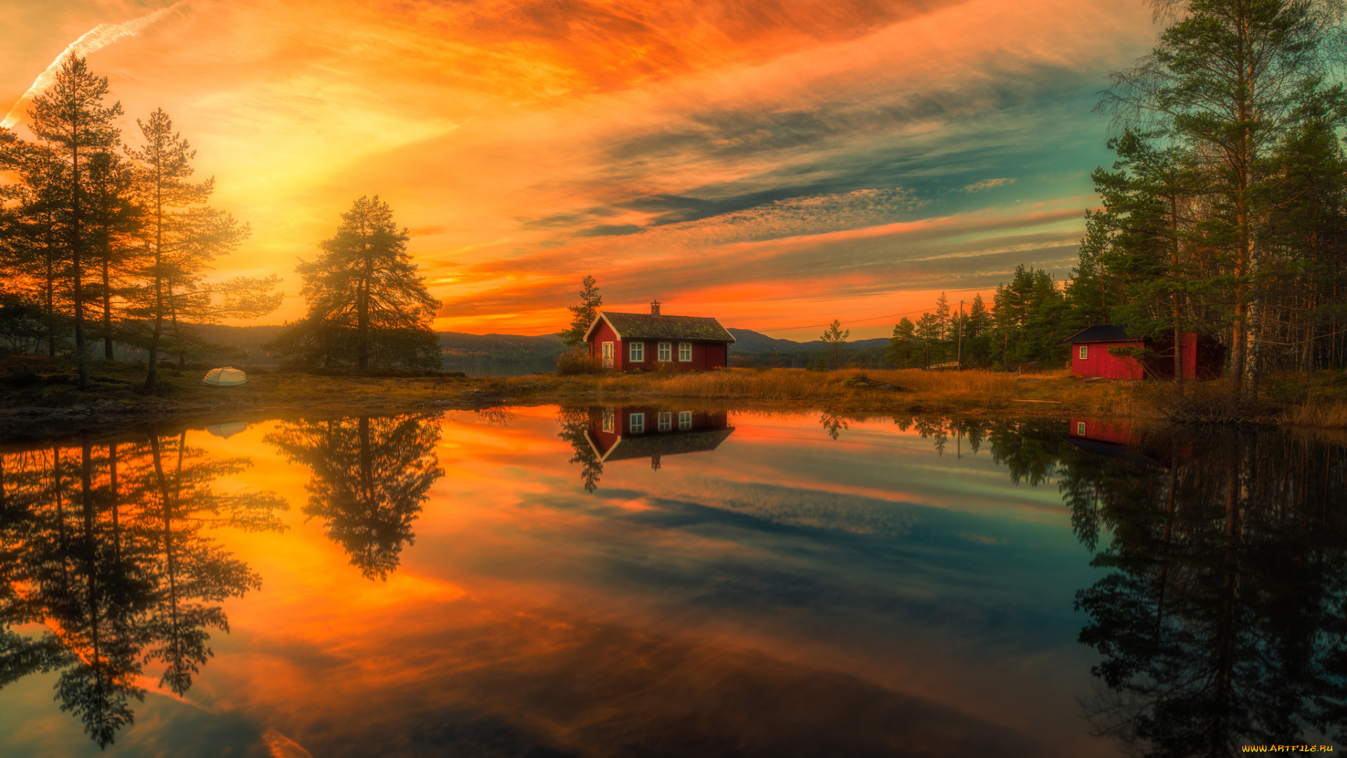 города, -, пейзажи, закат, дома, ringerike, norway, отражение, озеро, деревья, норвегия, рингерике