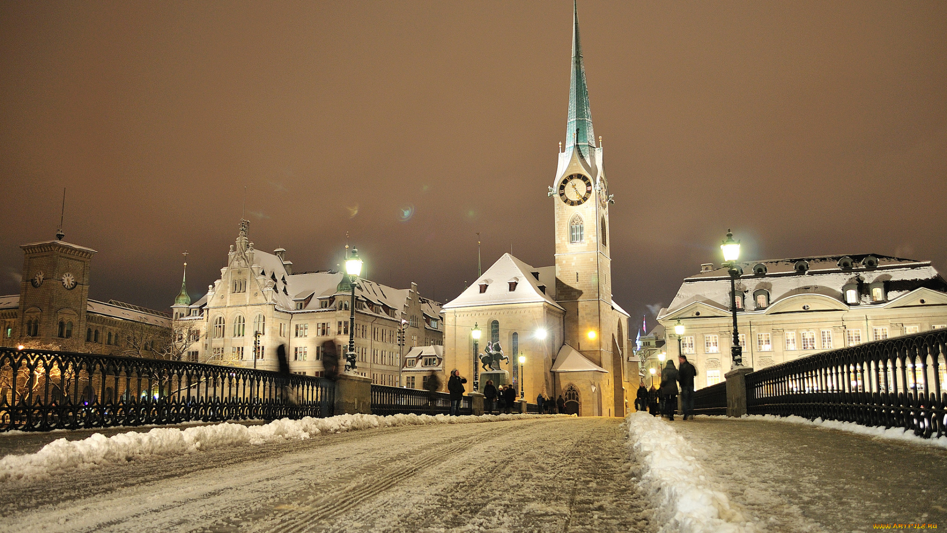 города, цюрих, , швейцария, мост, башня, дома, цюрих, огни, вечер, снег, зима, люди