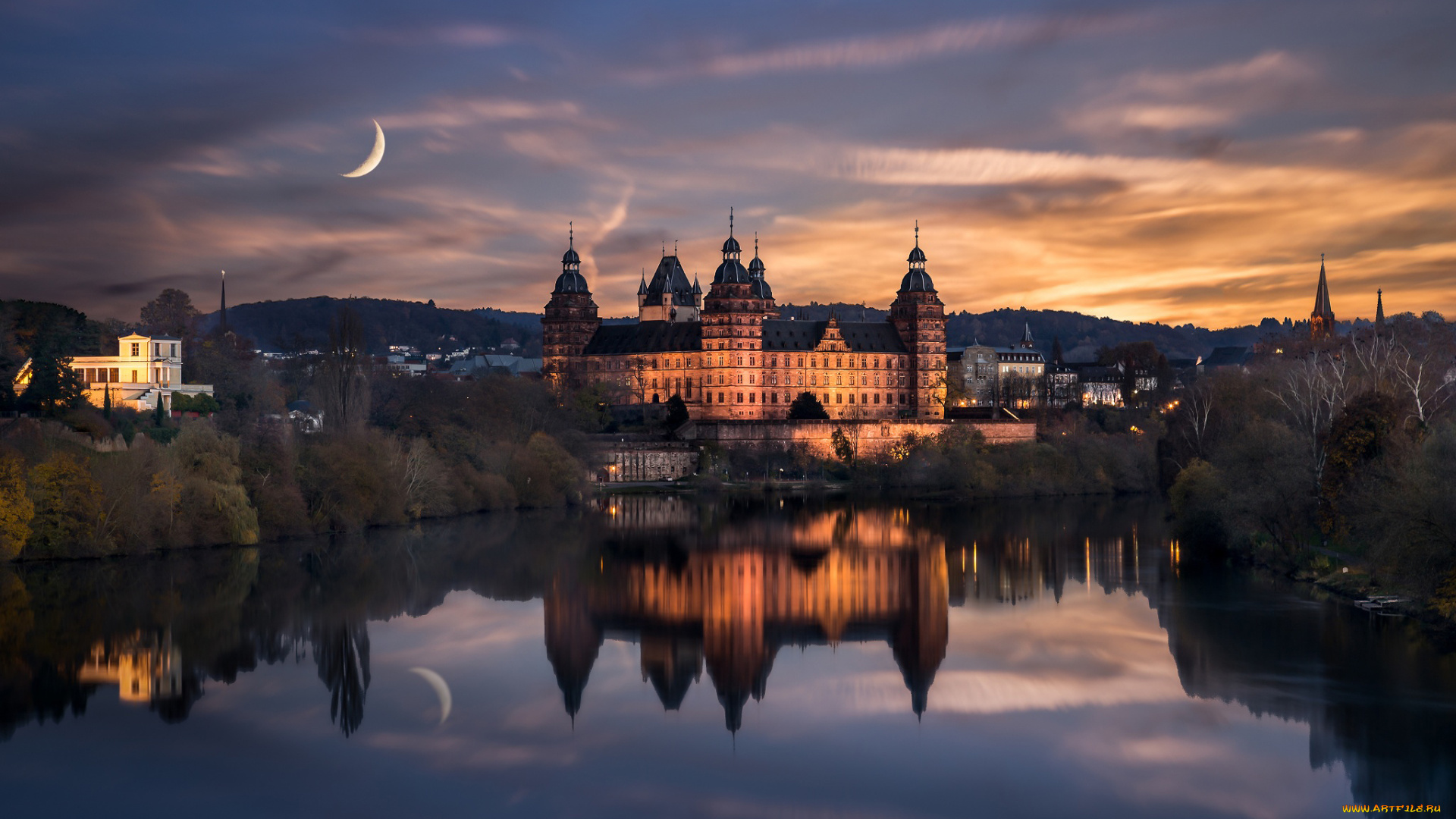 города, замки, германии, луна, ночь, йоганнесбург, город, германия, вода, отражения, замок, ренессансный, ашаффенбург