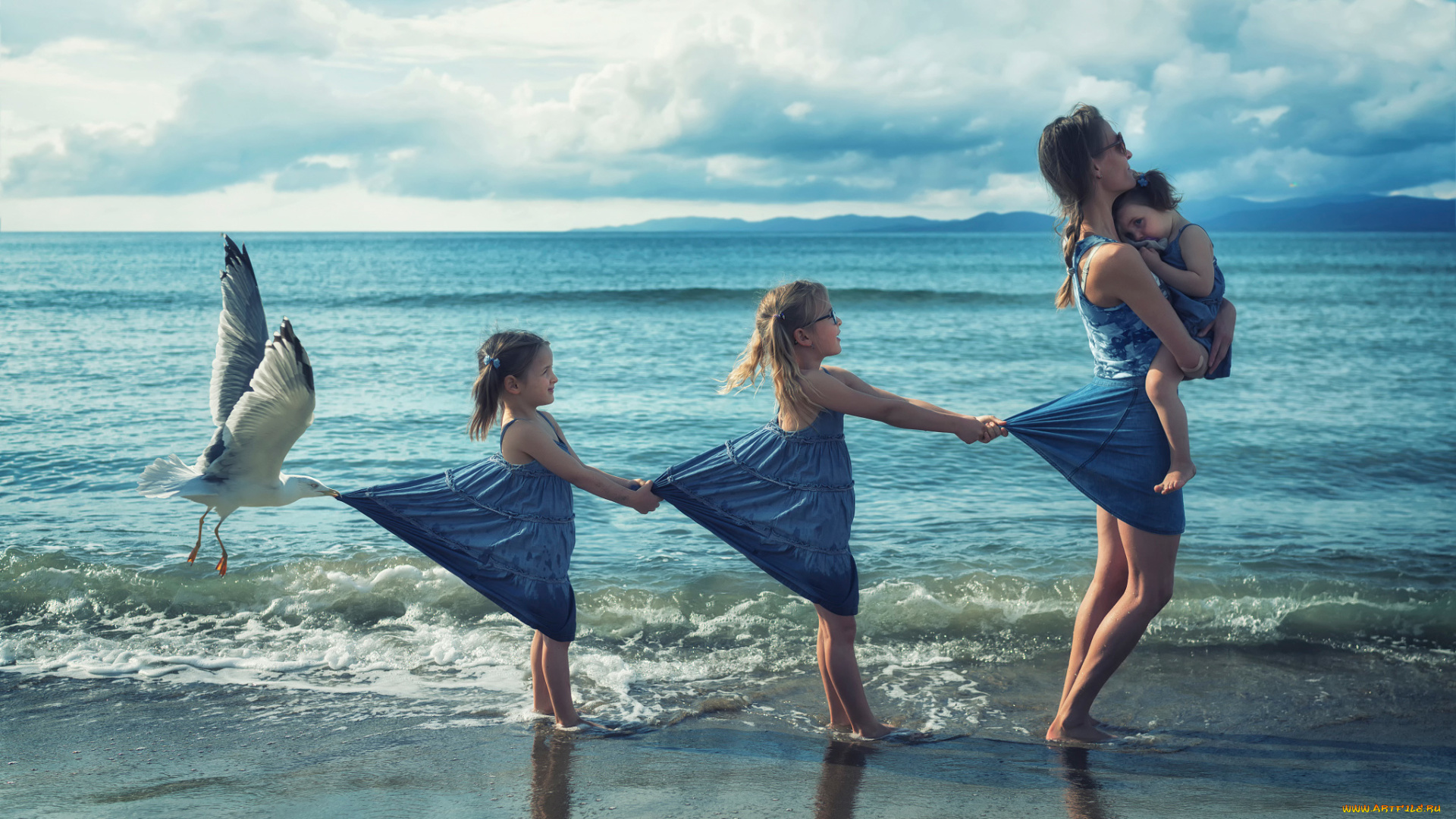 юмор, и, приколы, берег, чайка, прибой, мама, девочки