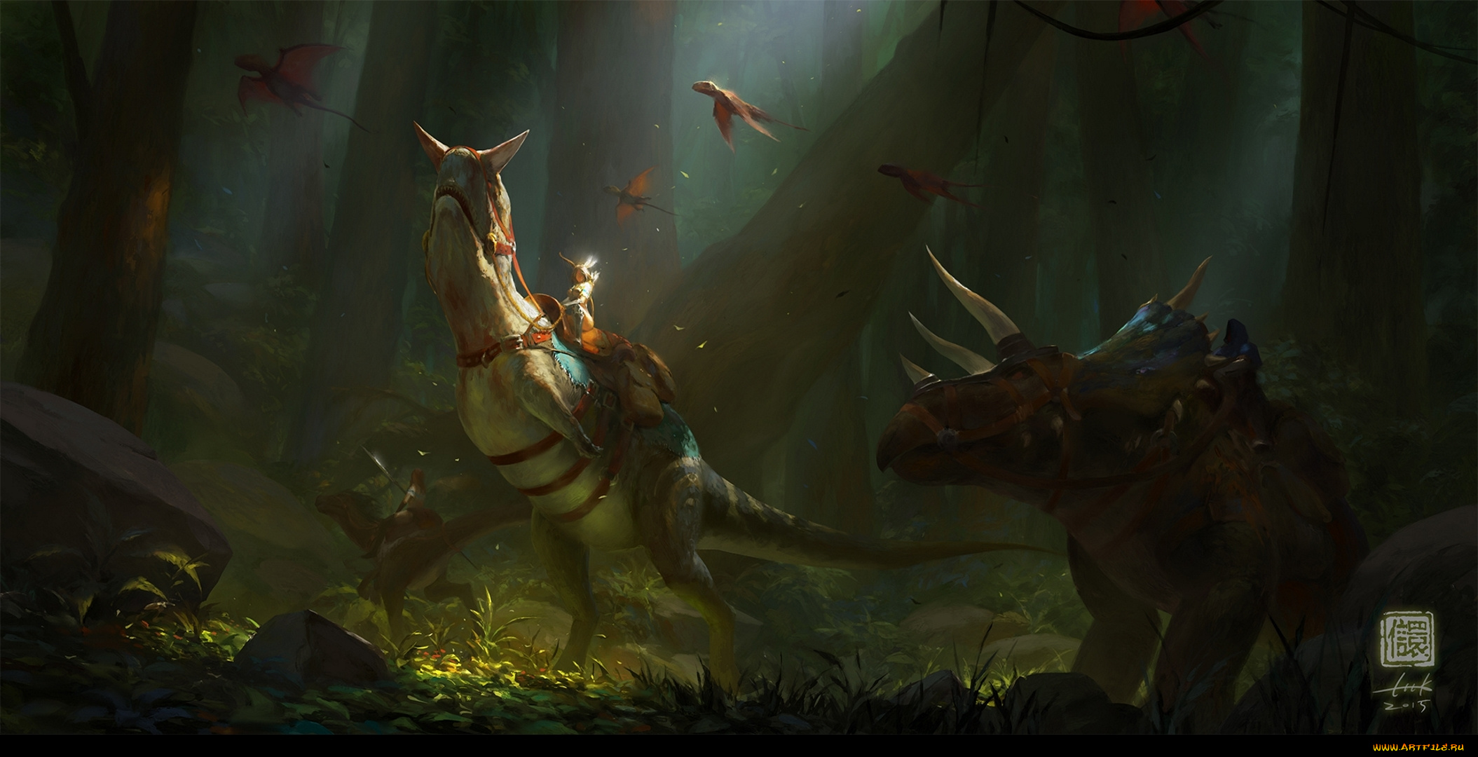 фэнтези, существа, арт, rider, art, динозавр, dinosaur, солнечный, луч, sunbeam, лес, forest, мгла, haze, by, 6kart, всадник, fantasy, рисунок