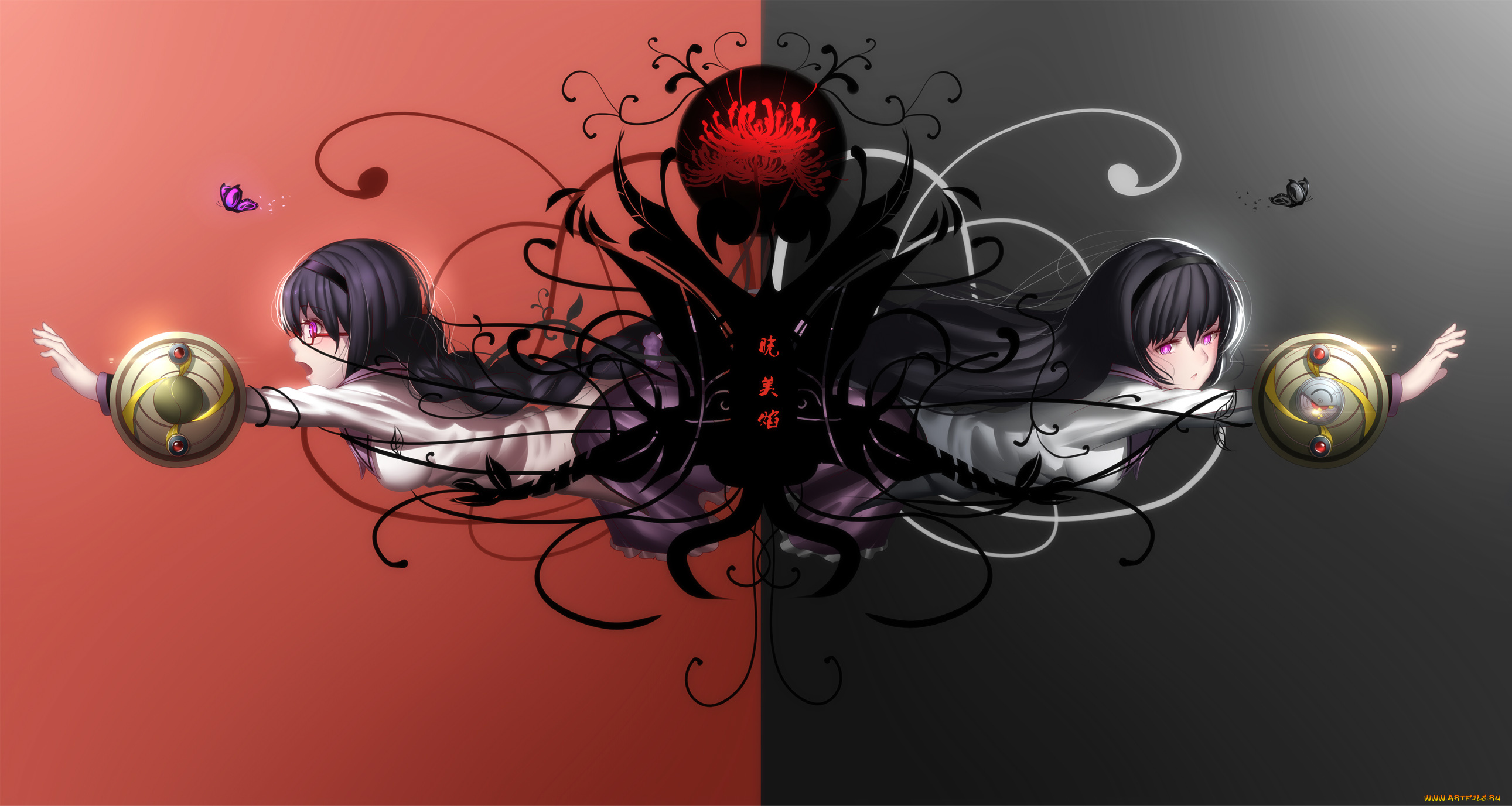 аниме, mahou, shoujo, madoka, magika, взгляд, девушки, akemi, homura, hk, mahou, shoujo, madoka, magica, фон