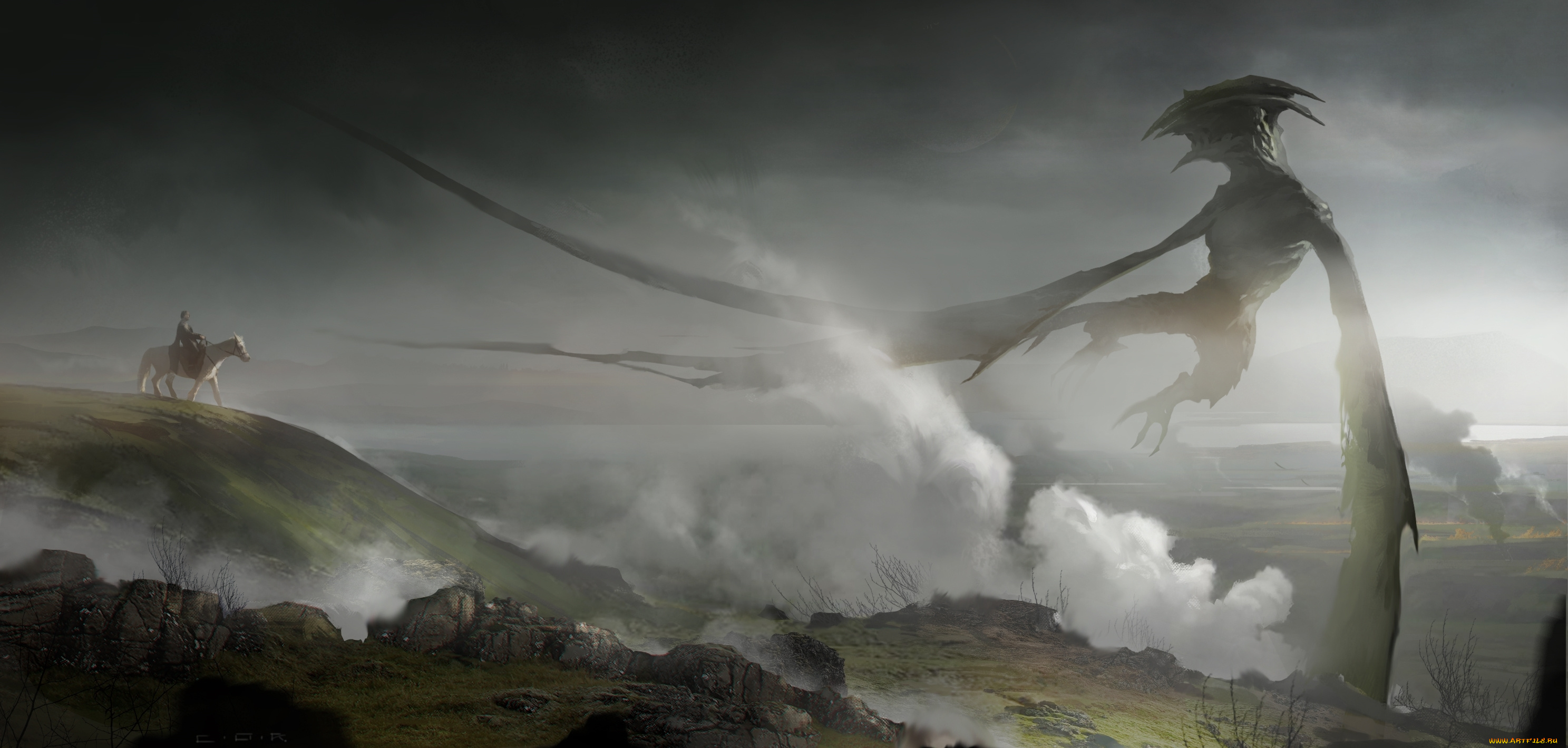 фэнтези, драконы, рисунок, арт, монстр, monster, fantasy, гарпия, harpy, art, горы, mountains, облако, cloud, horseman, всадник, fog, mist, туман, дым, smoke, чудовище, by, lukaszsienkiewicz