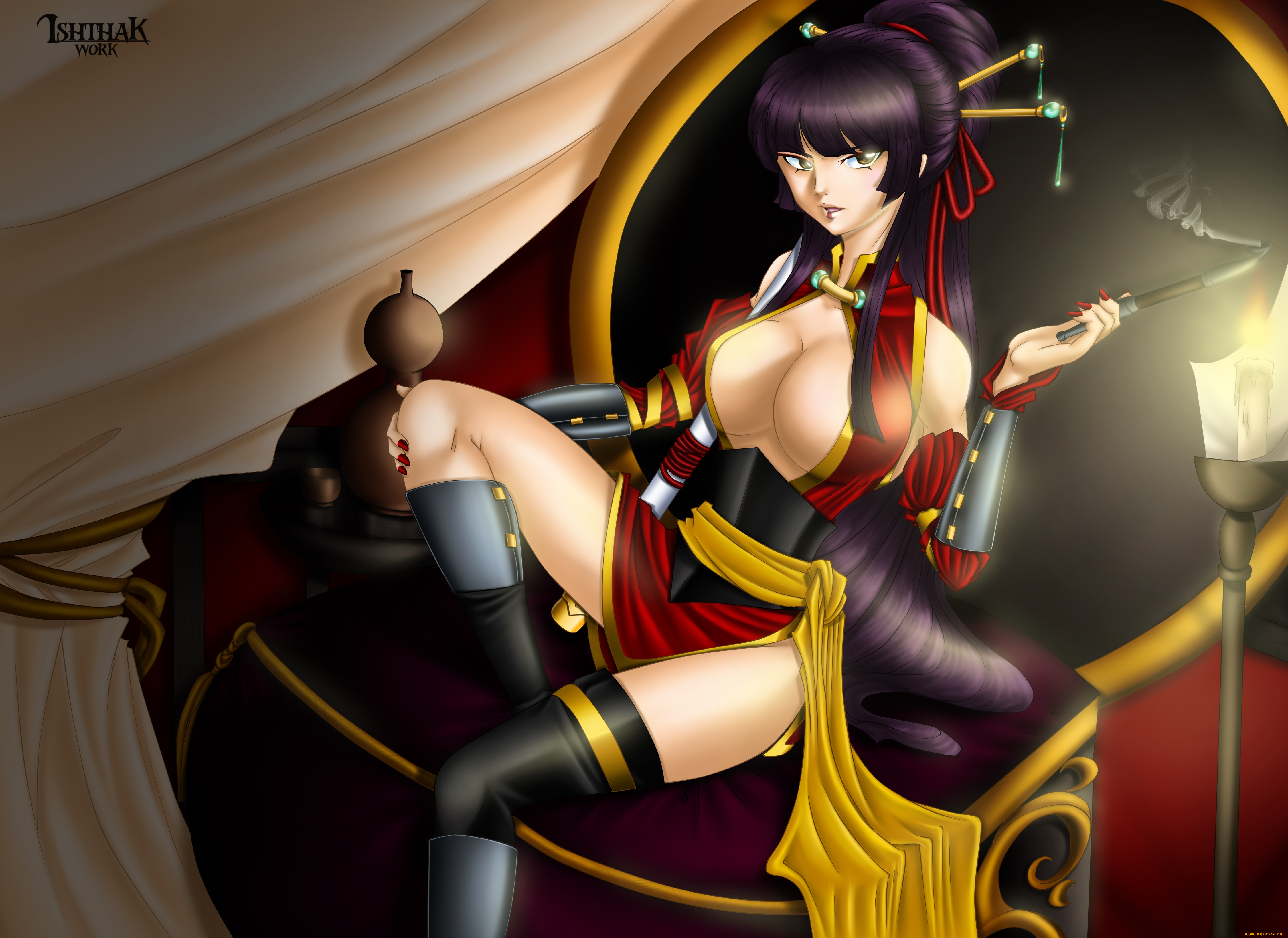 аниме, unknown, , другое, фон, сигарета, девушка, взгляд