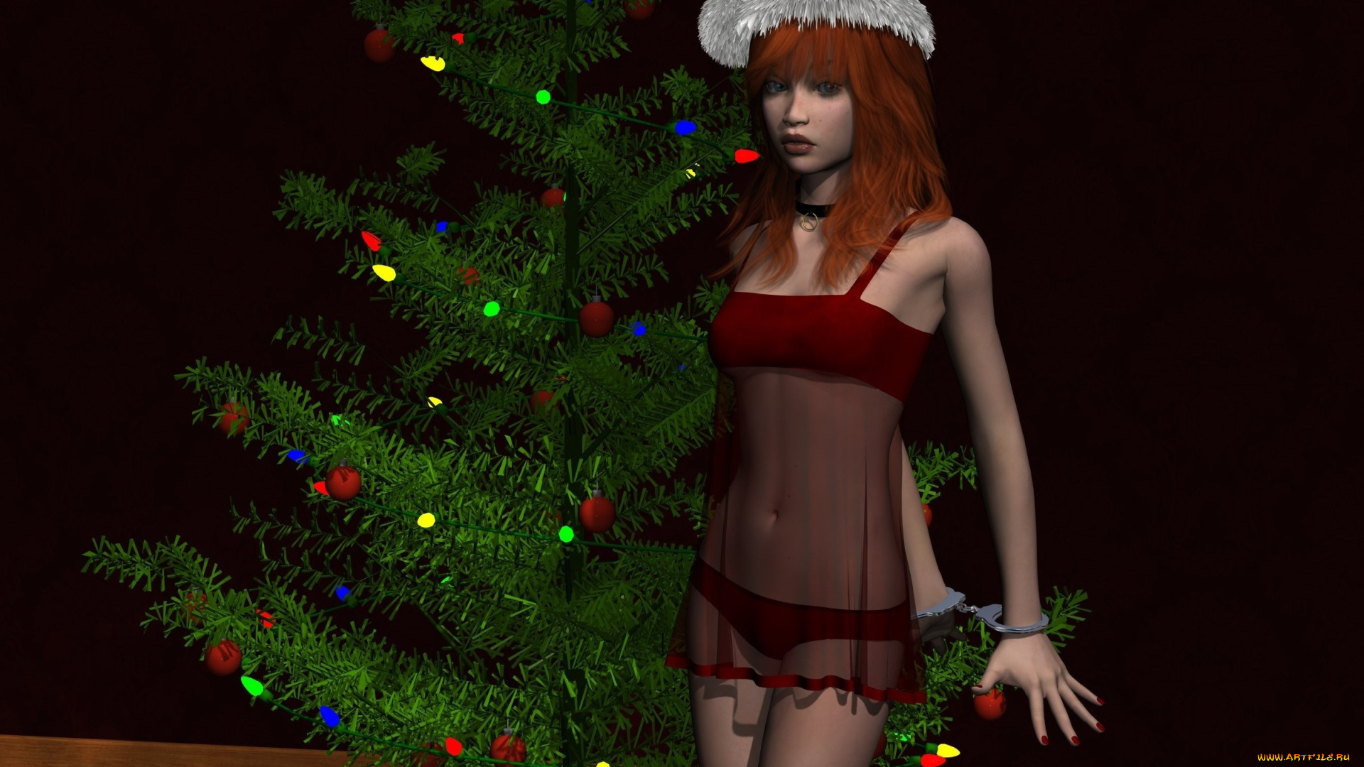 3д, графика, праздники, , holidays, девушка, взгляд, елка, фон