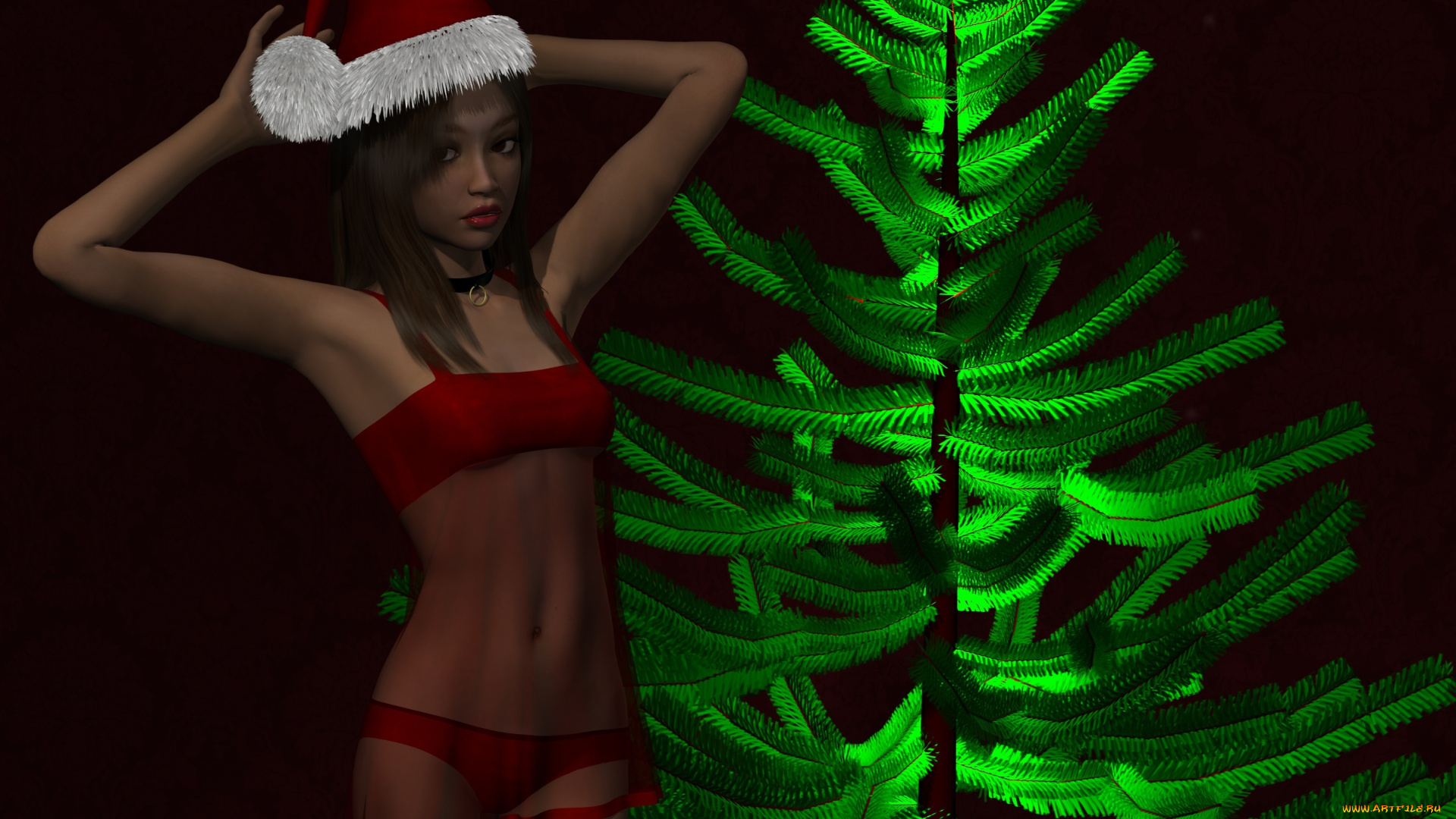 3д, графика, праздники, , holidays, елка, девушка, взгляд, фон