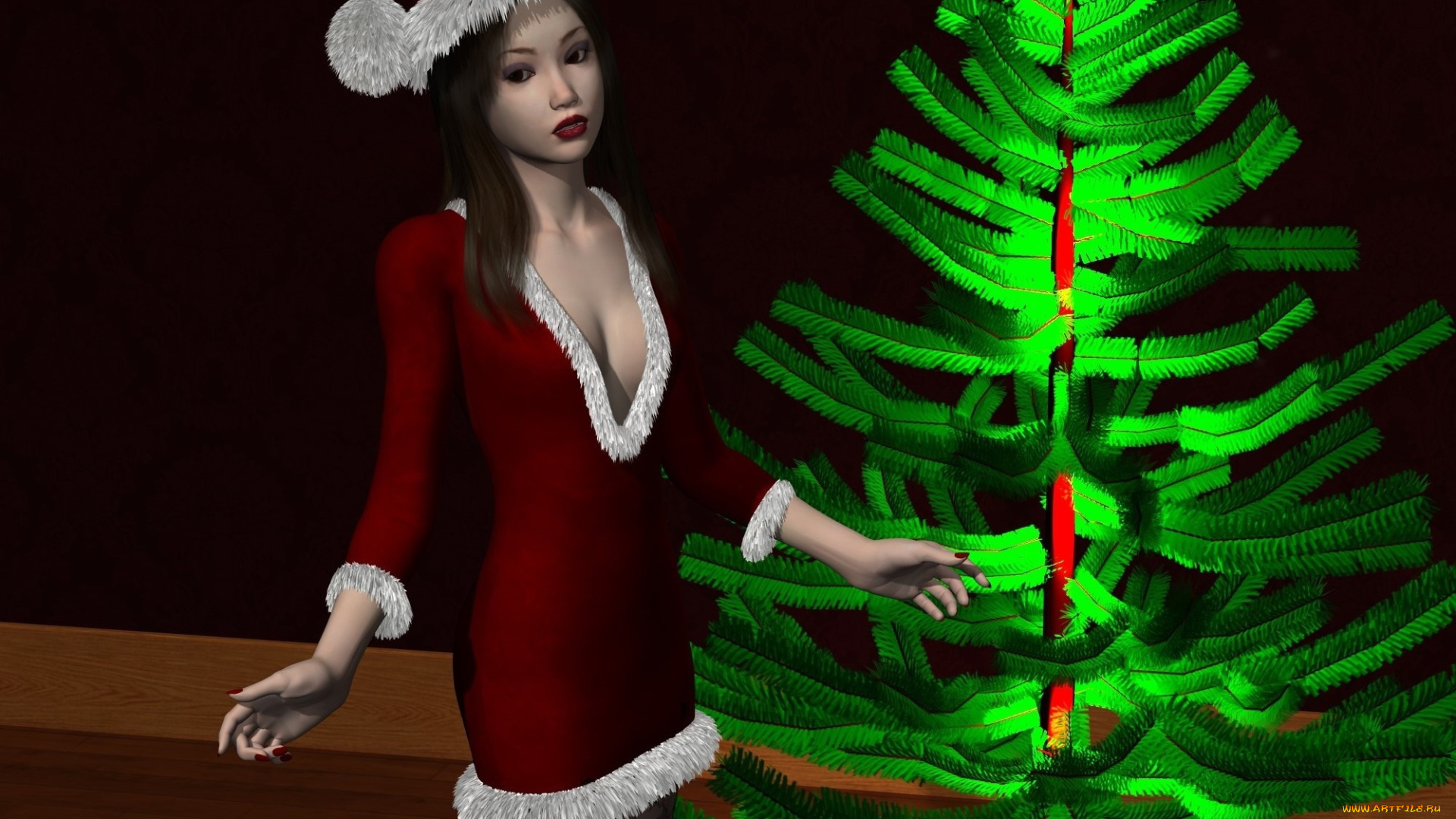 3д, графика, праздники, , holidays, фон, елка, взгляд, девушка