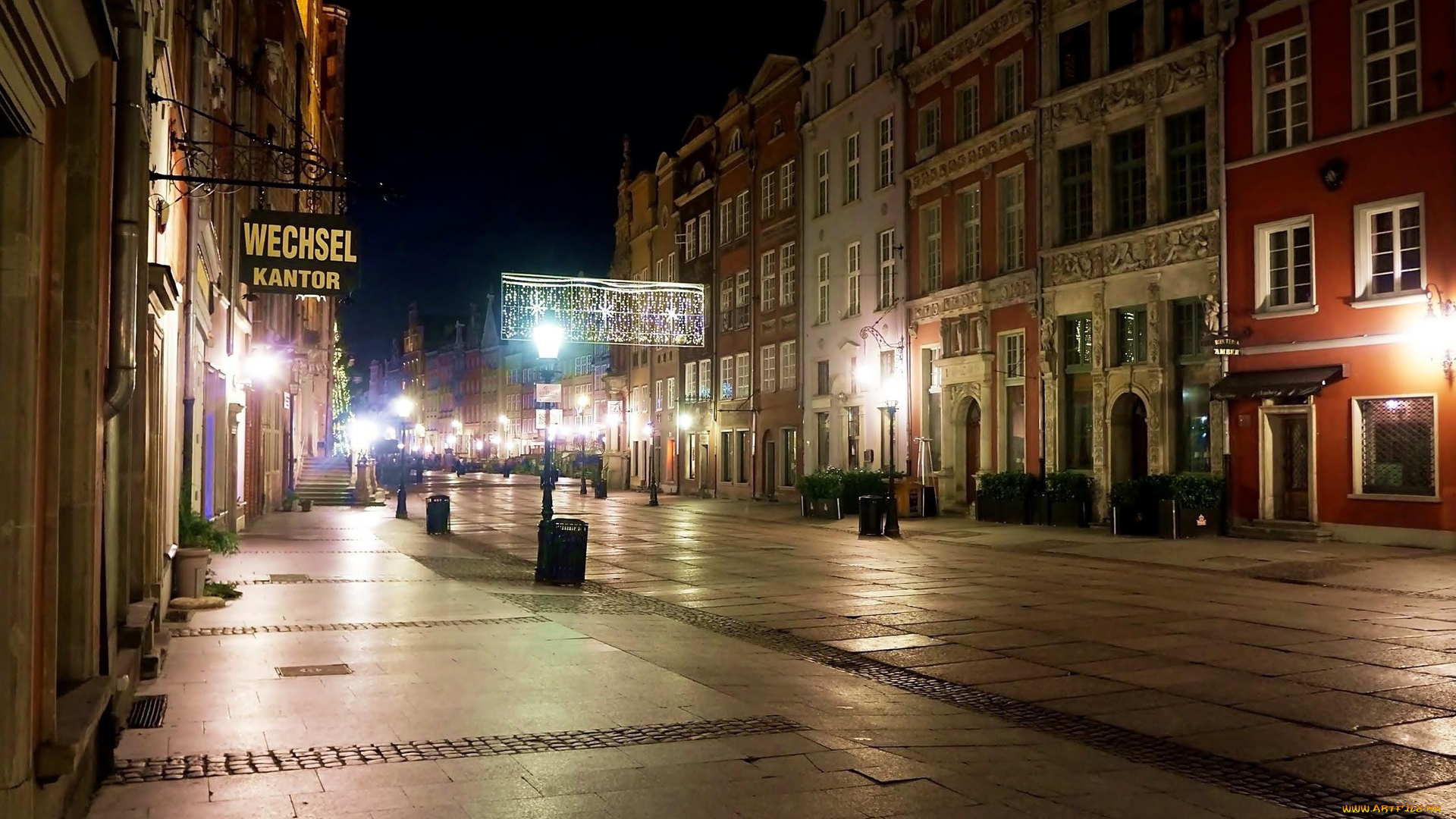 города, гданьск, , польша, фонари, освещение, вечер, улица