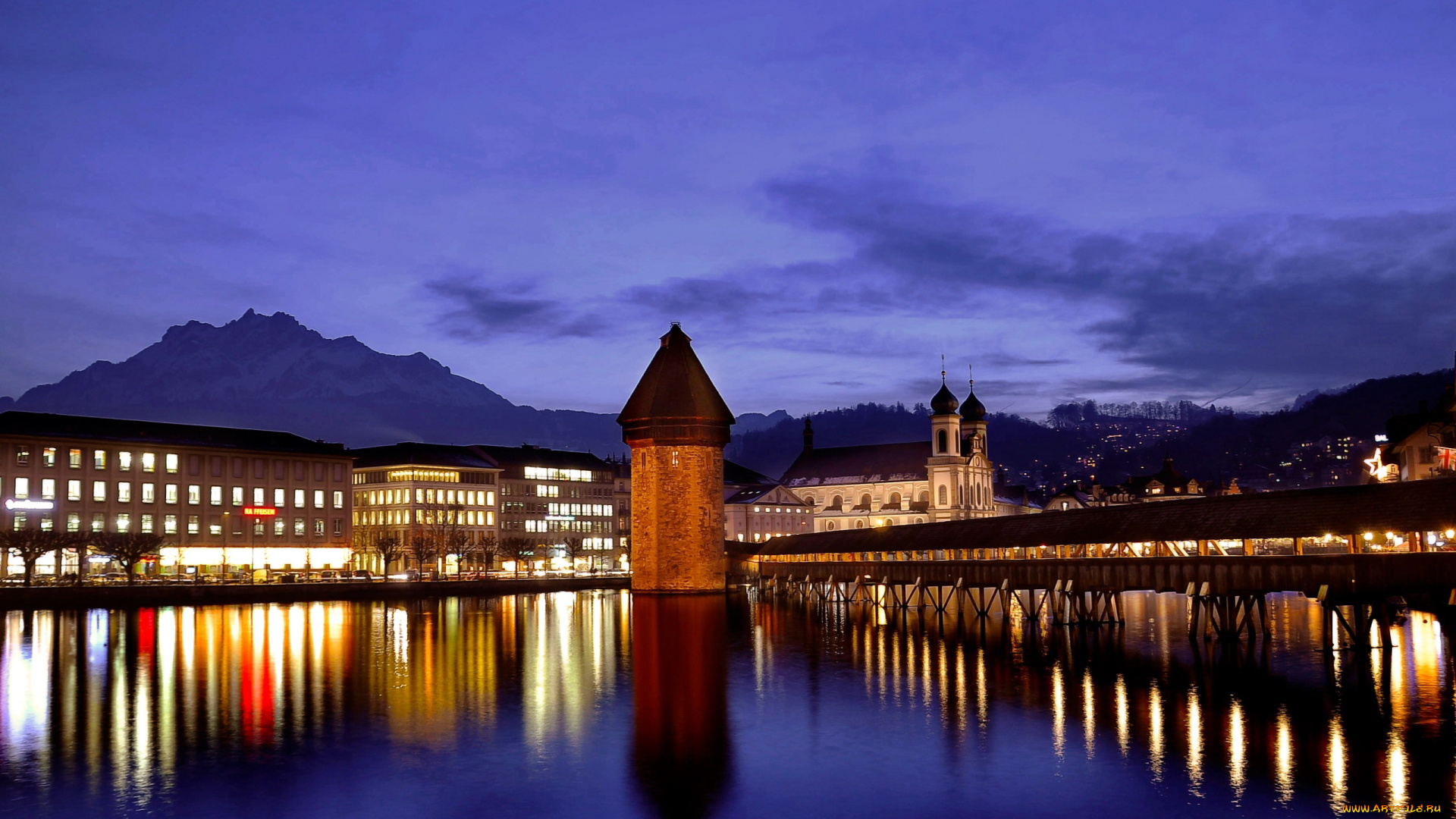 города, люцерн, , швейцария, башня, огни, река, вечер