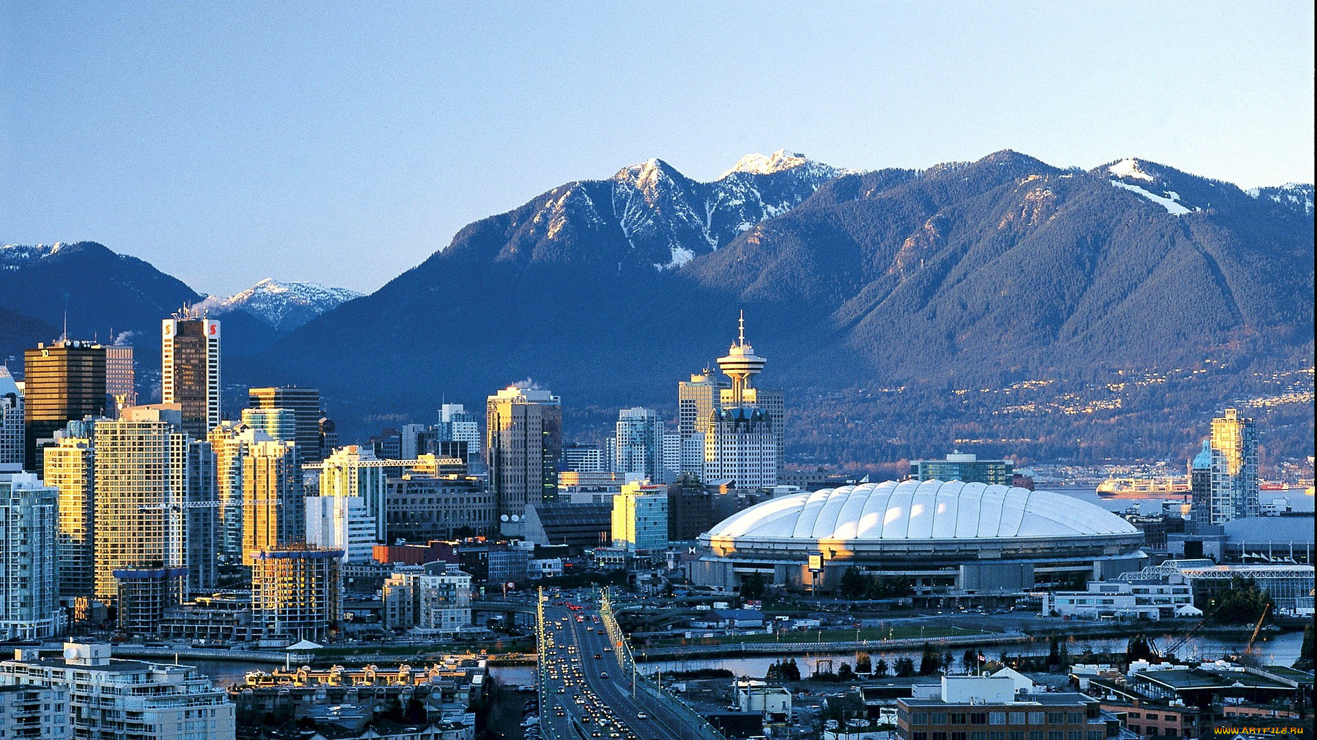 города, ванкувер, , канада, горы, небоскребы, шоссе