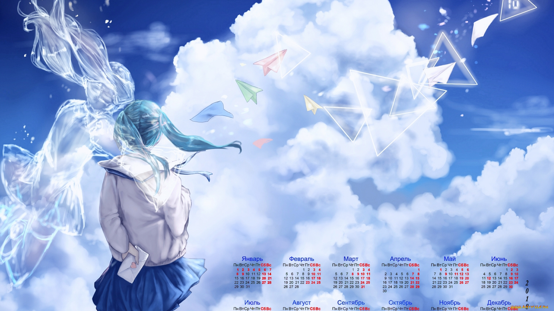 календари, аниме, облака, письмо, девочка