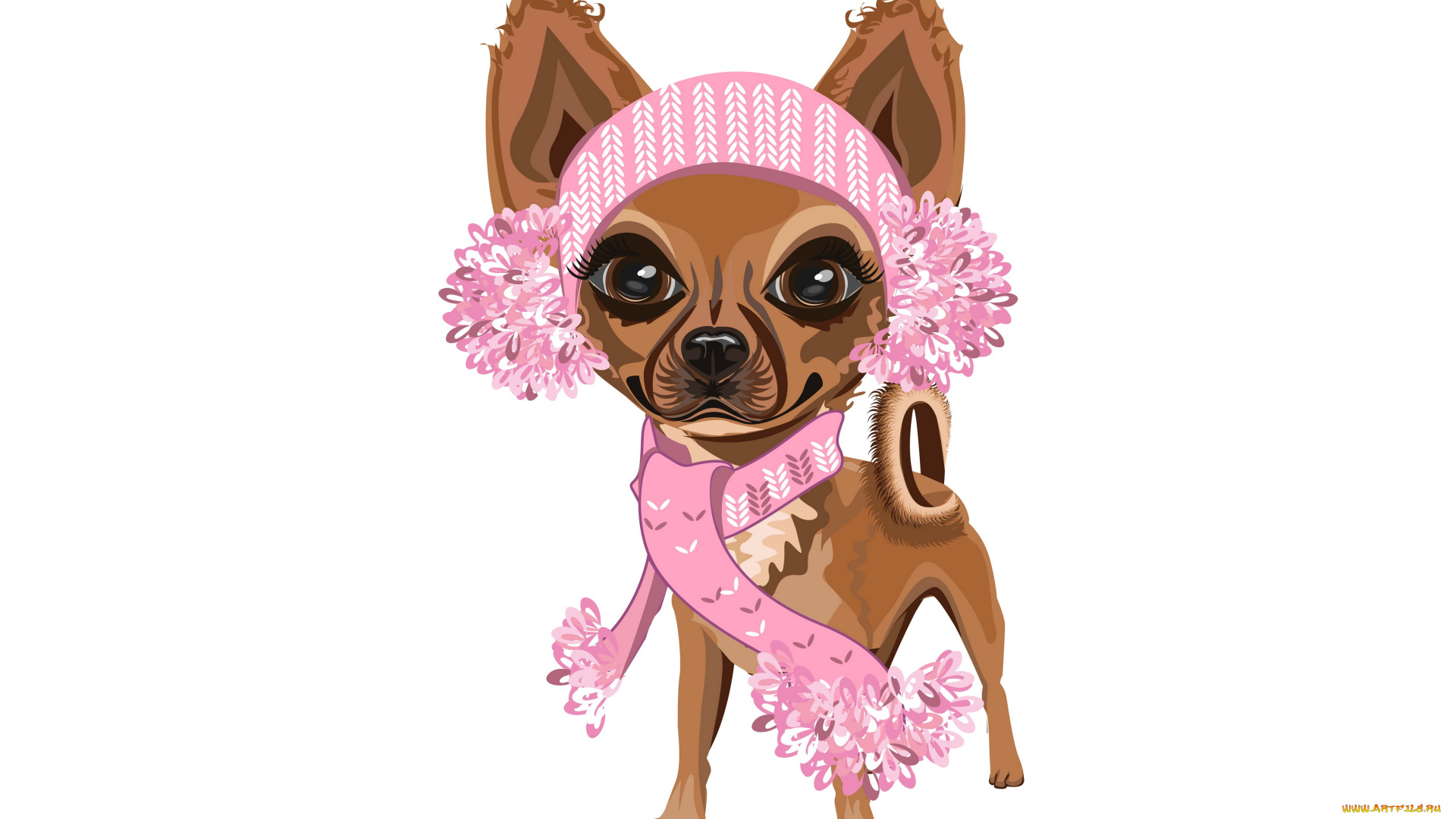 векторная, графика, животные, , animals, девочка, собачка, белый, фон, розовый, шарф