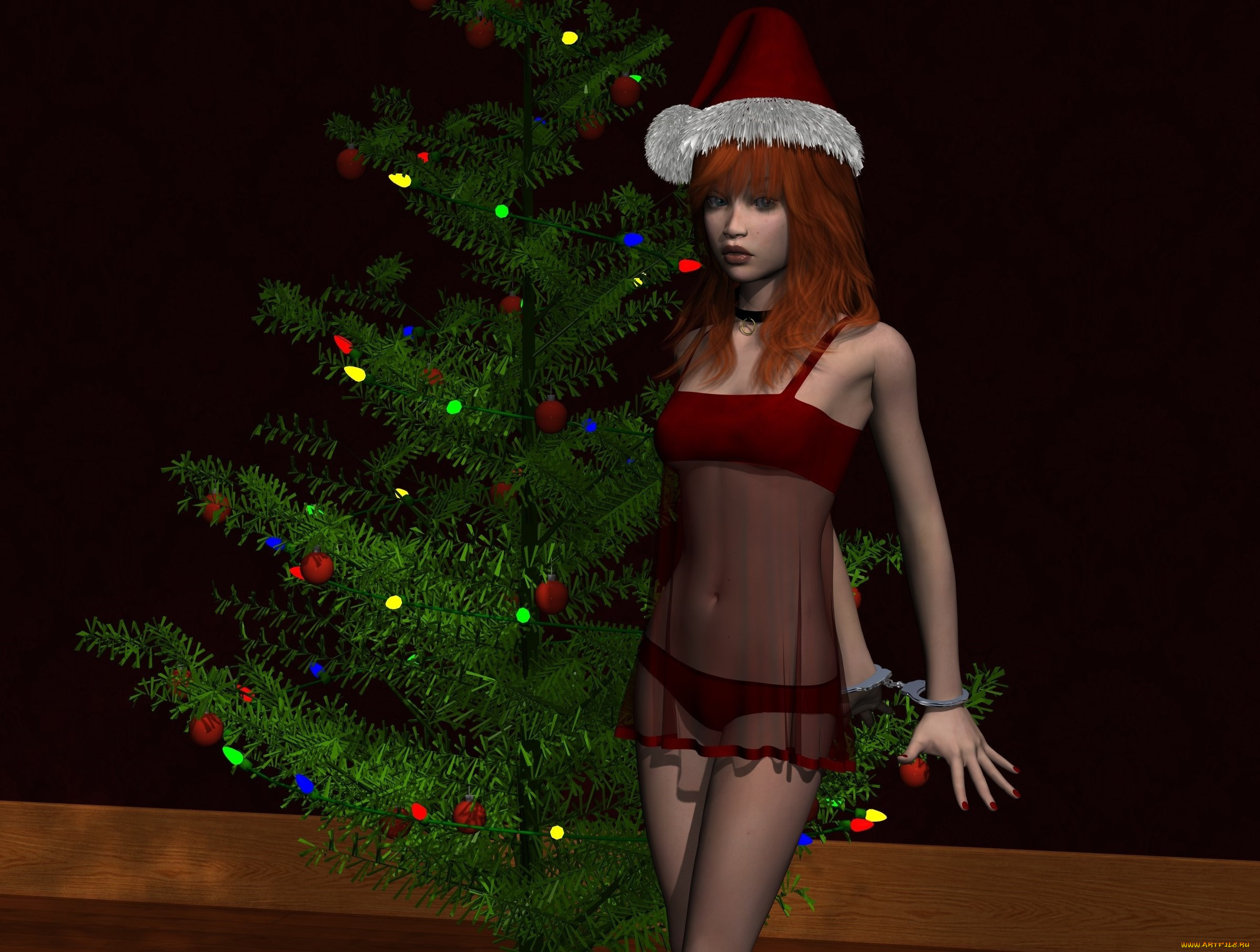3д, графика, праздники, , holidays, девушка, взгляд, елка, фон