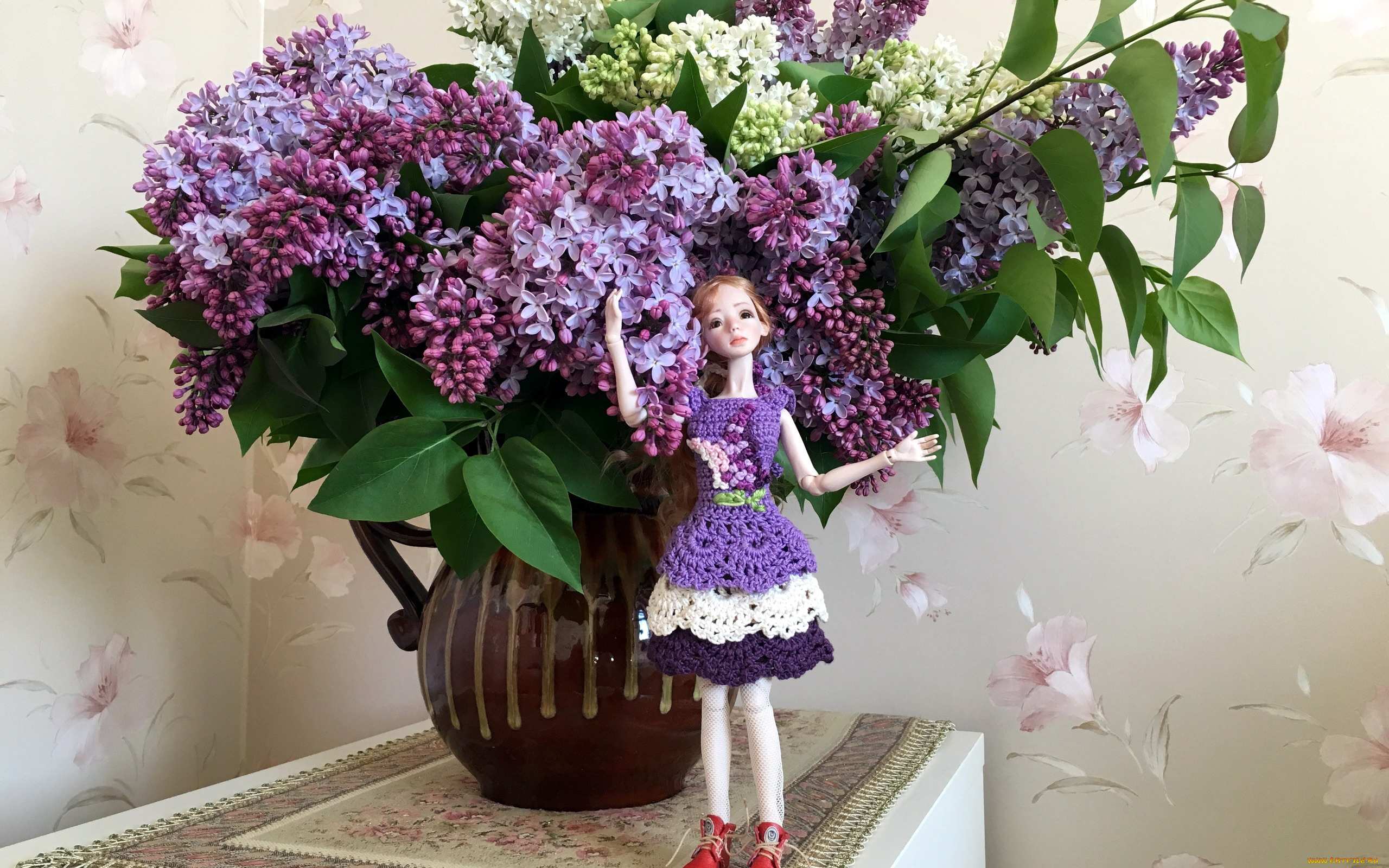 цветы, сирень, букет, кукла