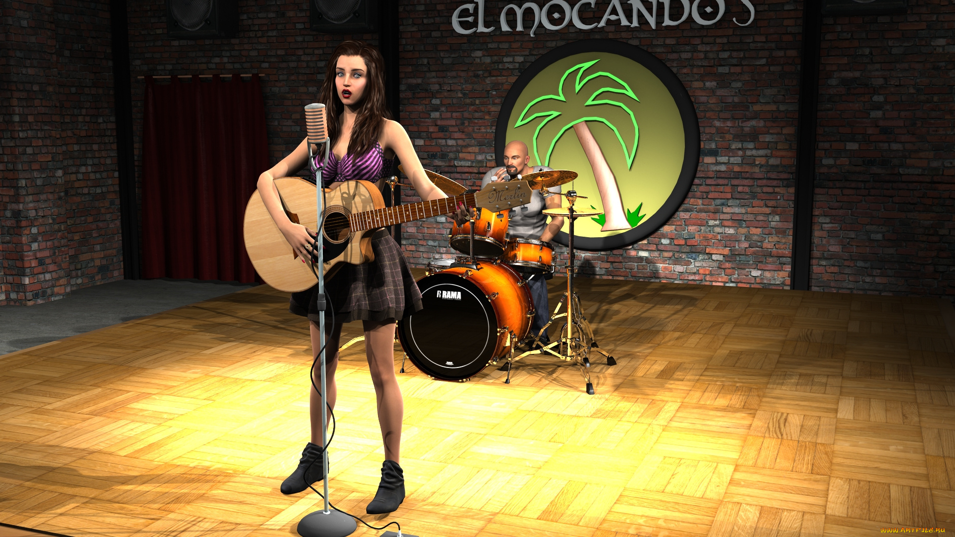 3д, графика, люди, , people, гитара, фон, взгляд, девушка