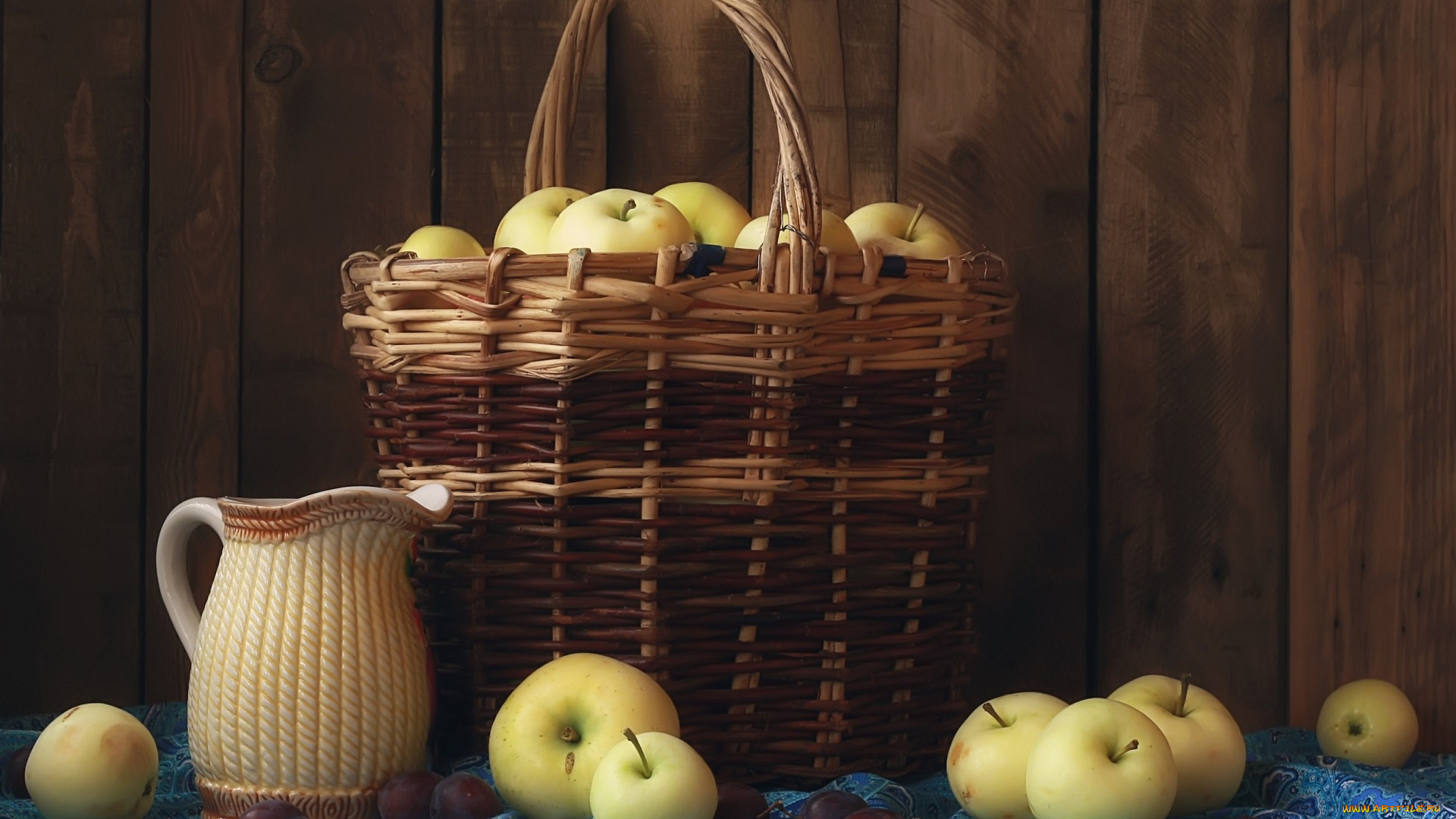 еда, натюрморт, корзина, яблоки, кувшин