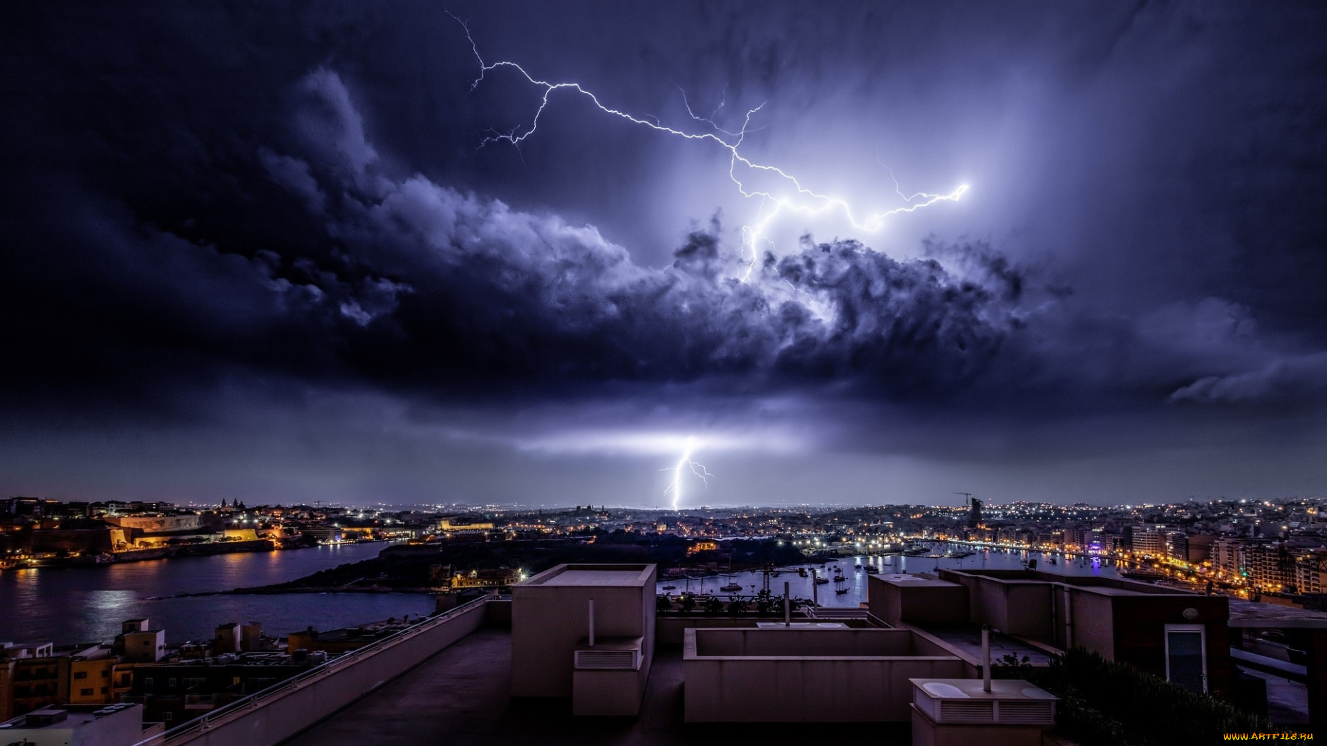 города, -, огни, ночного, города, город, ночь, молния