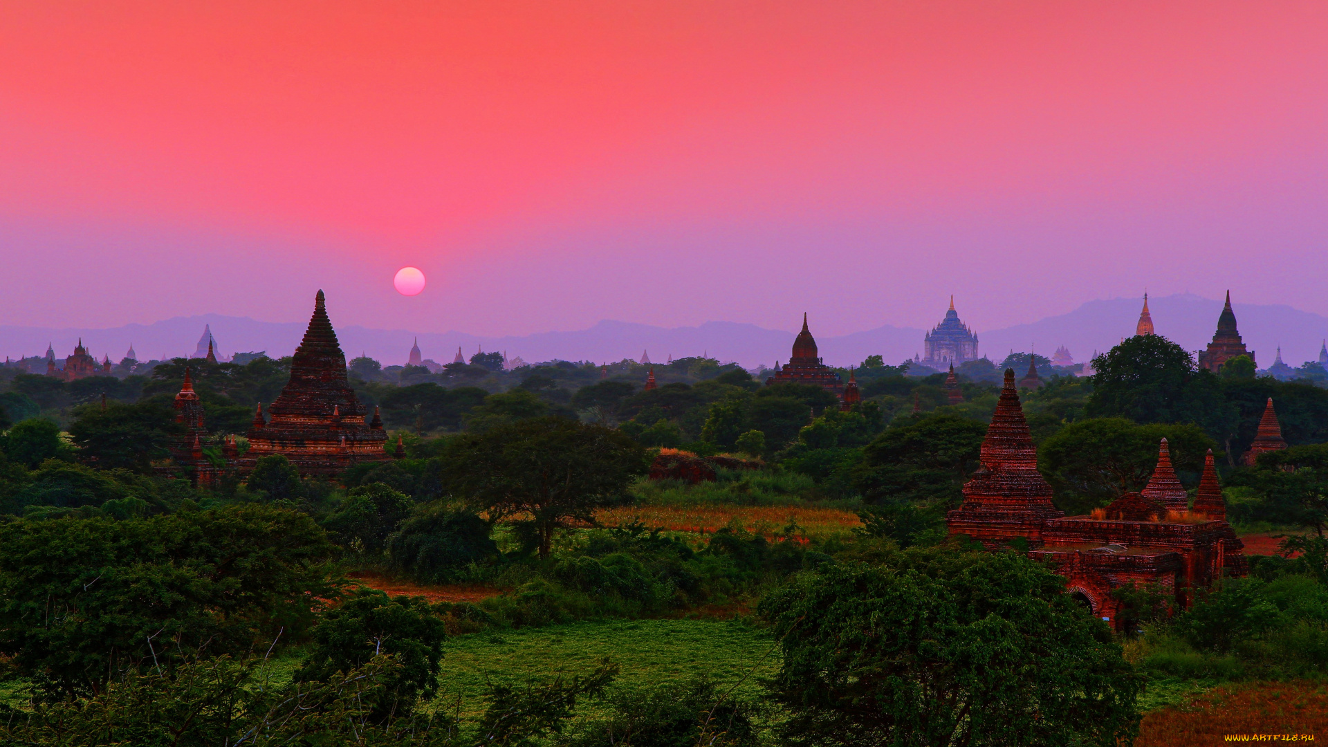 мьянма, города, -, буддийские, и, другие, храмы, пейзаж, вид, зелень, изумруд, закат, индокитай, азия, государство
