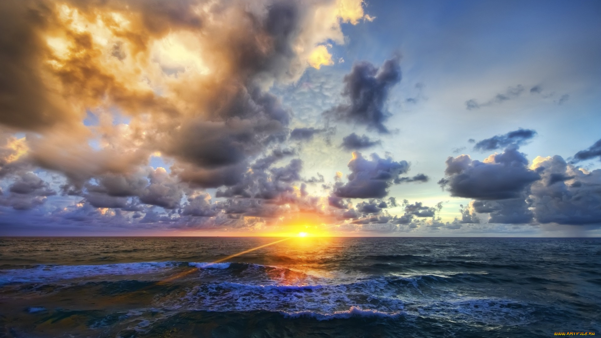 природа, моря, океаны, закат, море, тучи, небо, солнце, луч