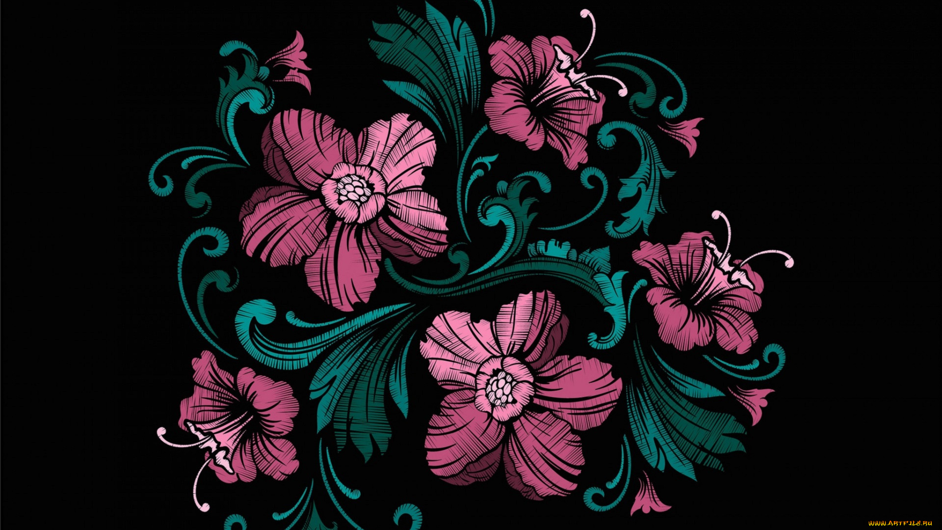 векторная, графика, цветы, , flowers, черный, фон, текстура, цветы