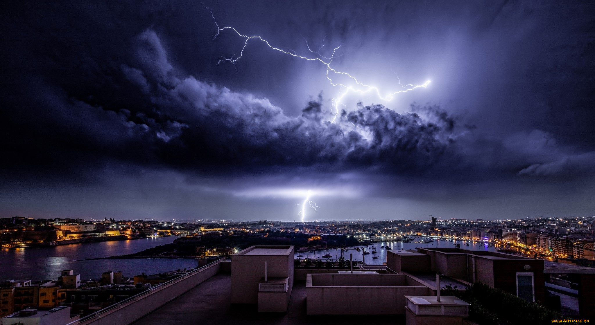 города, -, огни, ночного, города, город, ночь, молния