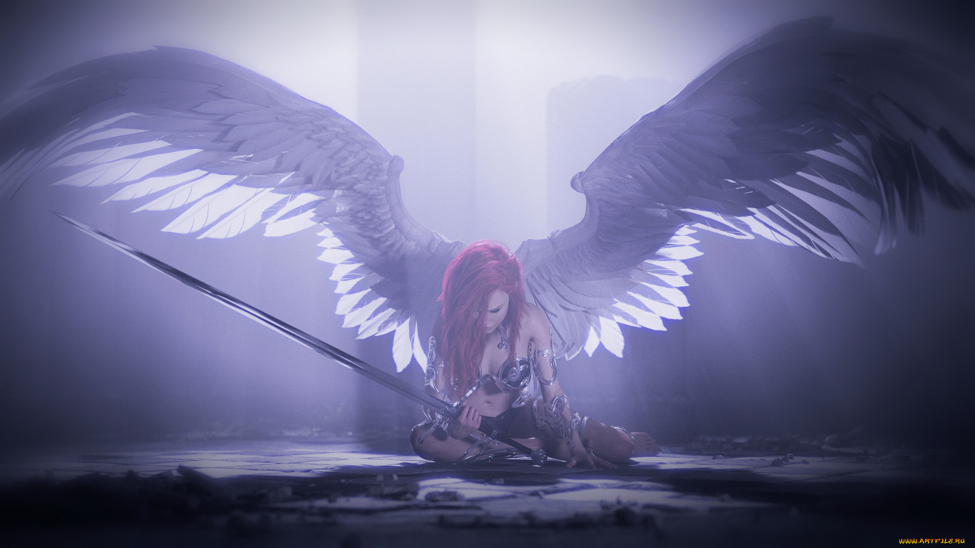 3д, графика, ангел, , angel, крылья, меч, фон, девушка